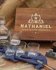 Personalised Wooden Box Curve Whiskey Decanter Set, 4 Scotch Glasses, 8 Ice Stones & Tongs | Custom Engraved Logo Groomsmen Wedding Bar Gift