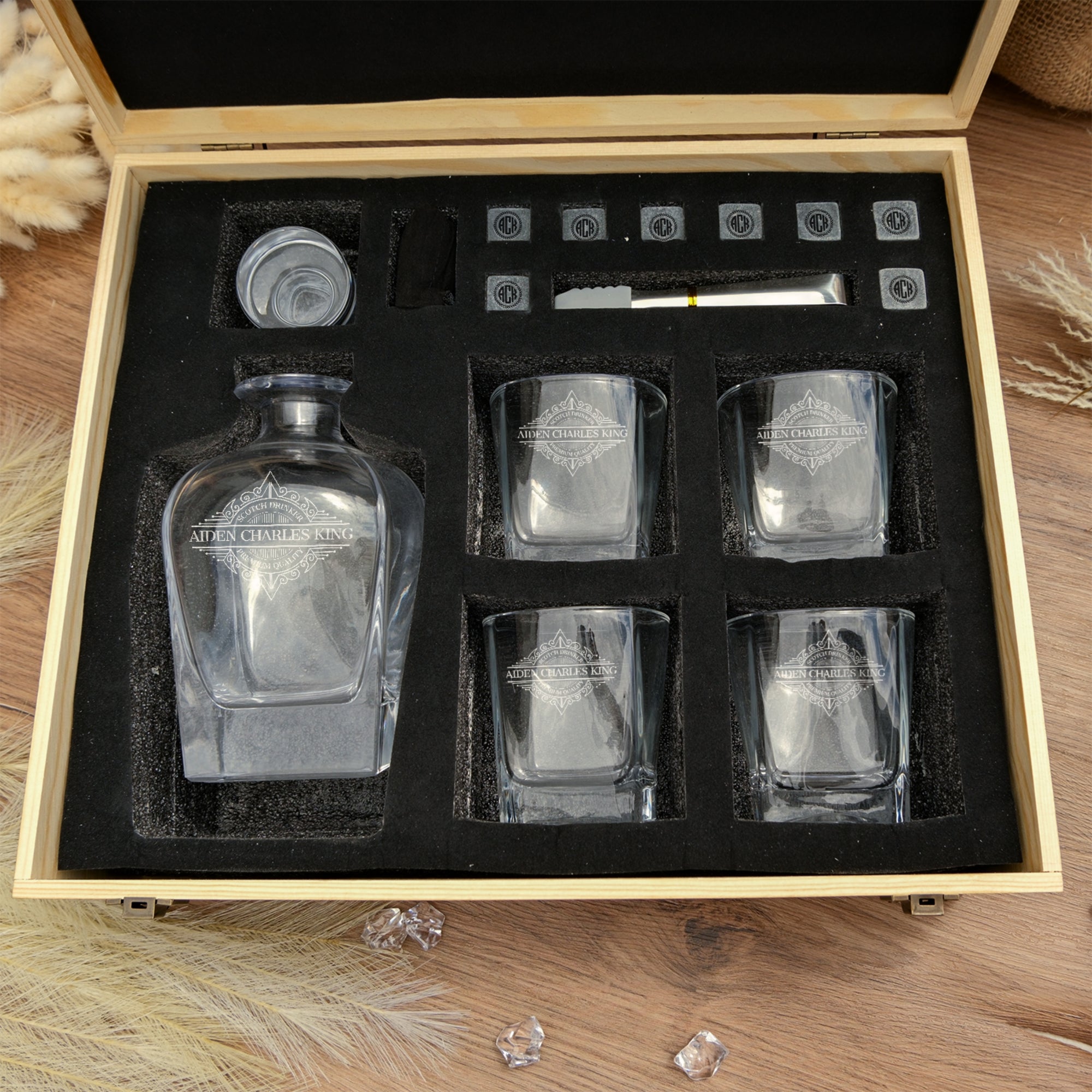 Personalised Wooden Box Curve Whiskey Decanter Set, 4 Scotch Glasses, 8 Ice Stones & Tongs | Custom Engraved Logo Groomsmen Wedding Bar Gift