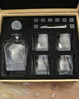 Personalised Wooden Box Curve Whiskey Decanter Set, 4 Scotch Glasses, 8 Ice Stones & Tongs | Custom Engraved Logo Groomsmen Wedding Bar Gift