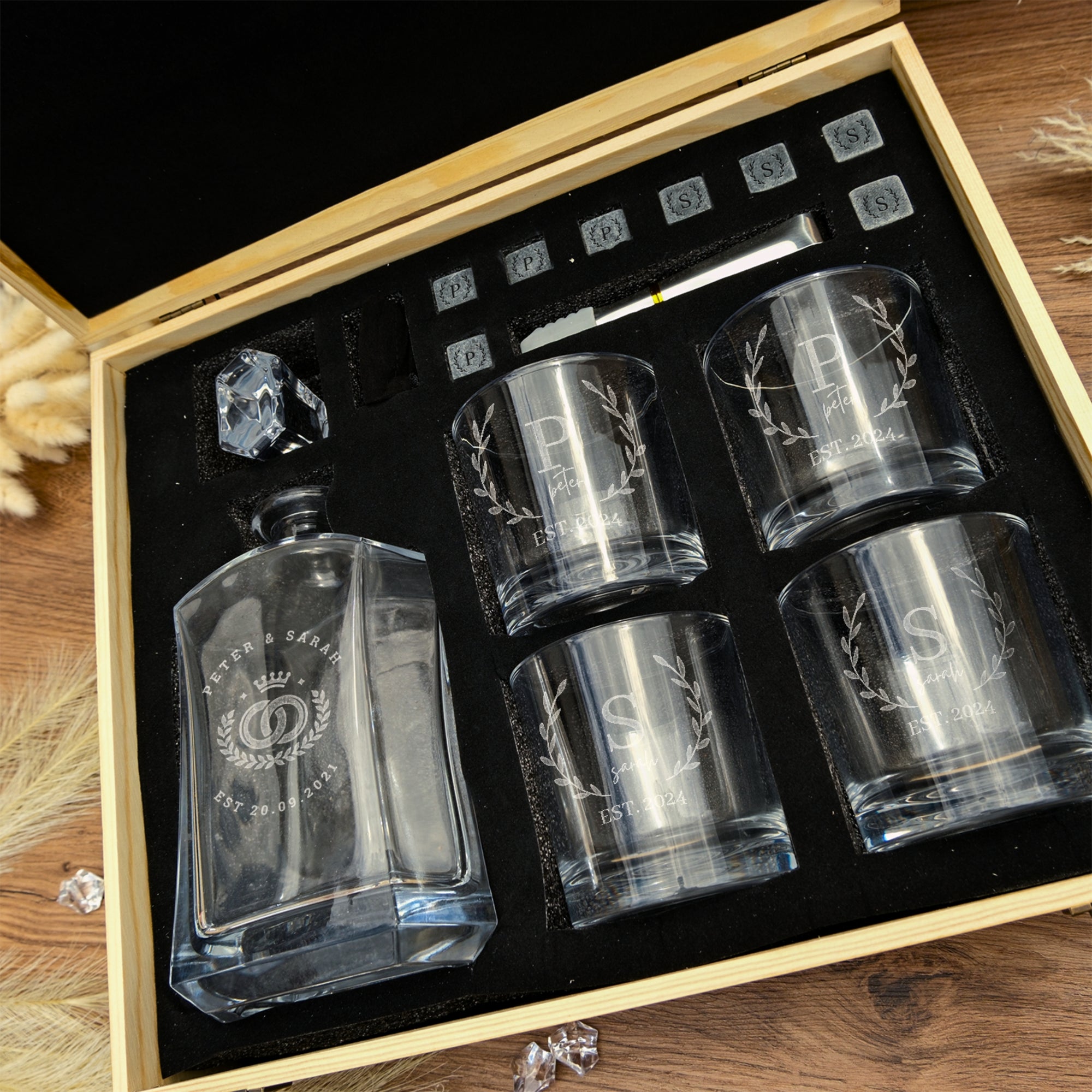 Personalised Wooden Boxed Flat Whiskey Decanter Set, 4 Scotch Glasses, 8 Ice Stones & Tongs | Custom Engraved Groomsmen, Wedding, Whisky Bar Gift