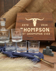 Personalised Wooden Boxed Round Whiskey Decanter Set, 4 Glasses, 8 Ice Stones & Tongs | Custom Engraved Groomsmen, Wedding, Whisky Bar Gift