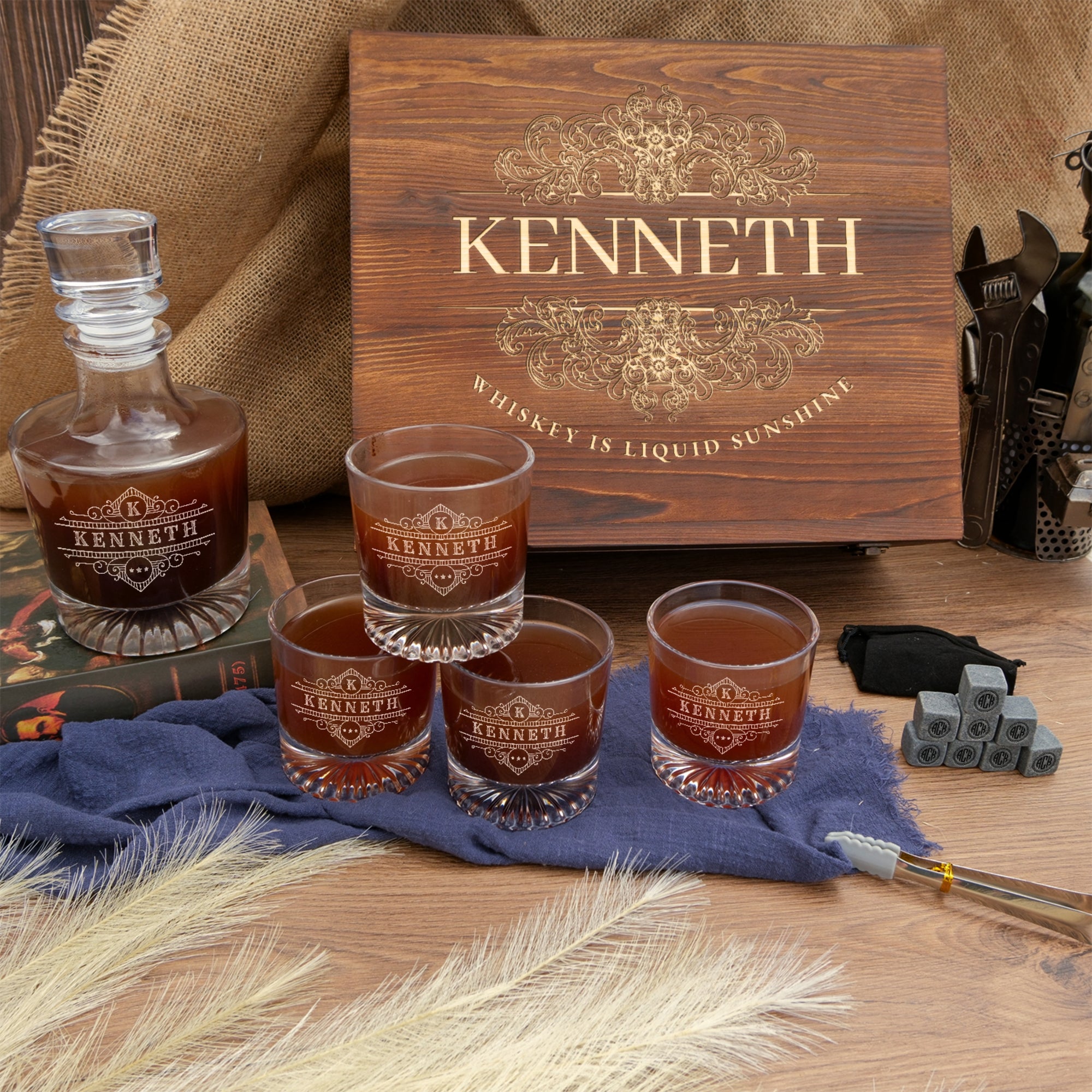 Personalised Wooden Boxed Round Whiskey Decanter Set, 4 Scotch Glasses, 8 Ice Stones & Tongs | Custom Engraved Groomsmen, Wedding, Whisky Bar Gift
