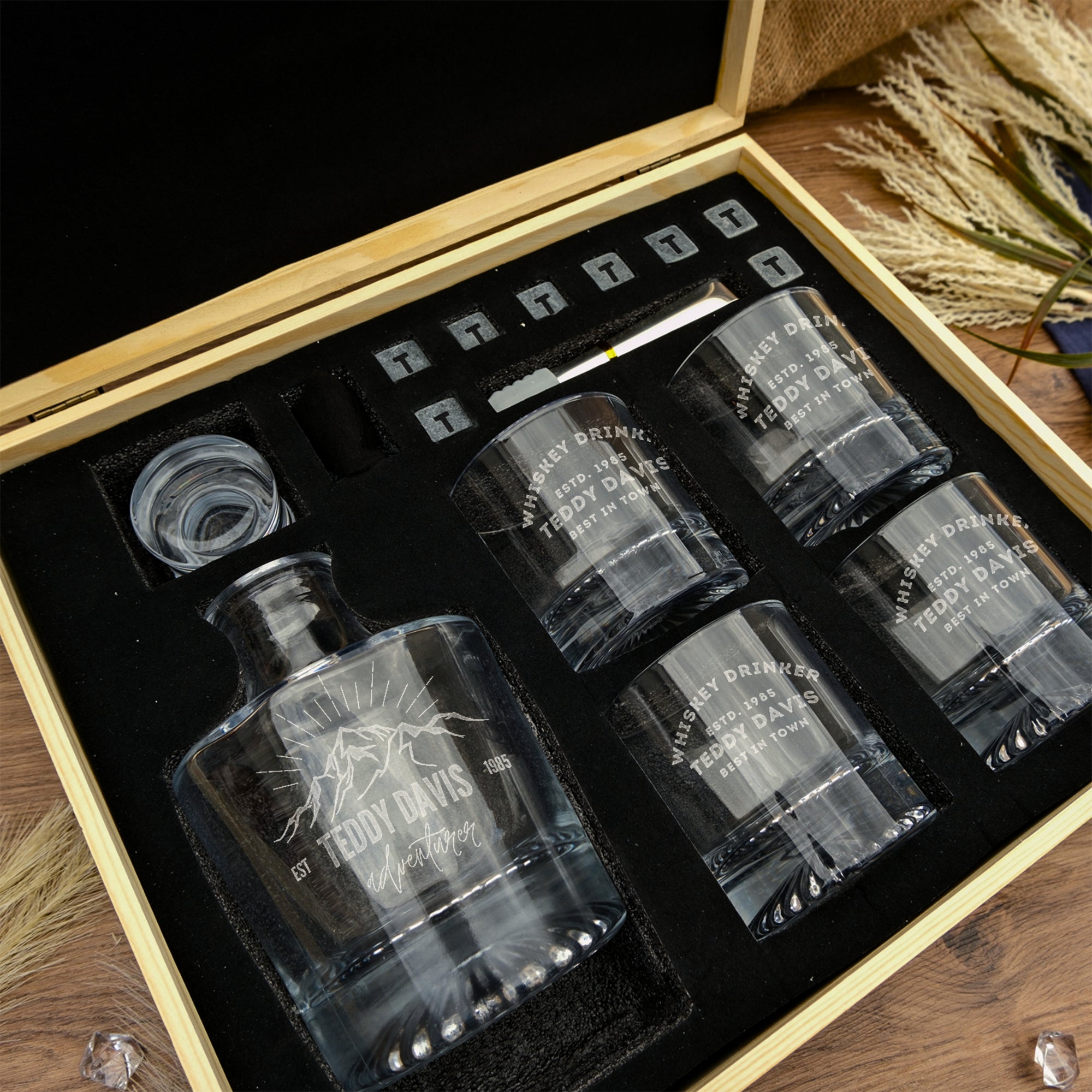 Personalised Wooden Boxed Round Whiskey Decanter Set, 4 Scotch Glasses, 8 Ice Stones & Tongs | Custom Engraved Groomsmen, Wedding, Whisky Bar Gift