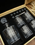 Personalised Wooden Boxed Round Whiskey Decanter Set, 4 Scotch Glasses, 8 Ice Stones & Tongs | Custom Engraved Groomsmen, Wedding, Whisky Bar Gift