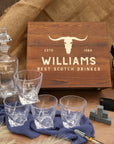 Personalised Wooden Box Twisted Whiskey Decanter Set, 4 Scotch Glasses, 8 Ice Stones & Tongs | Custom Engraved Groomsmen, Wedding Bar Gift