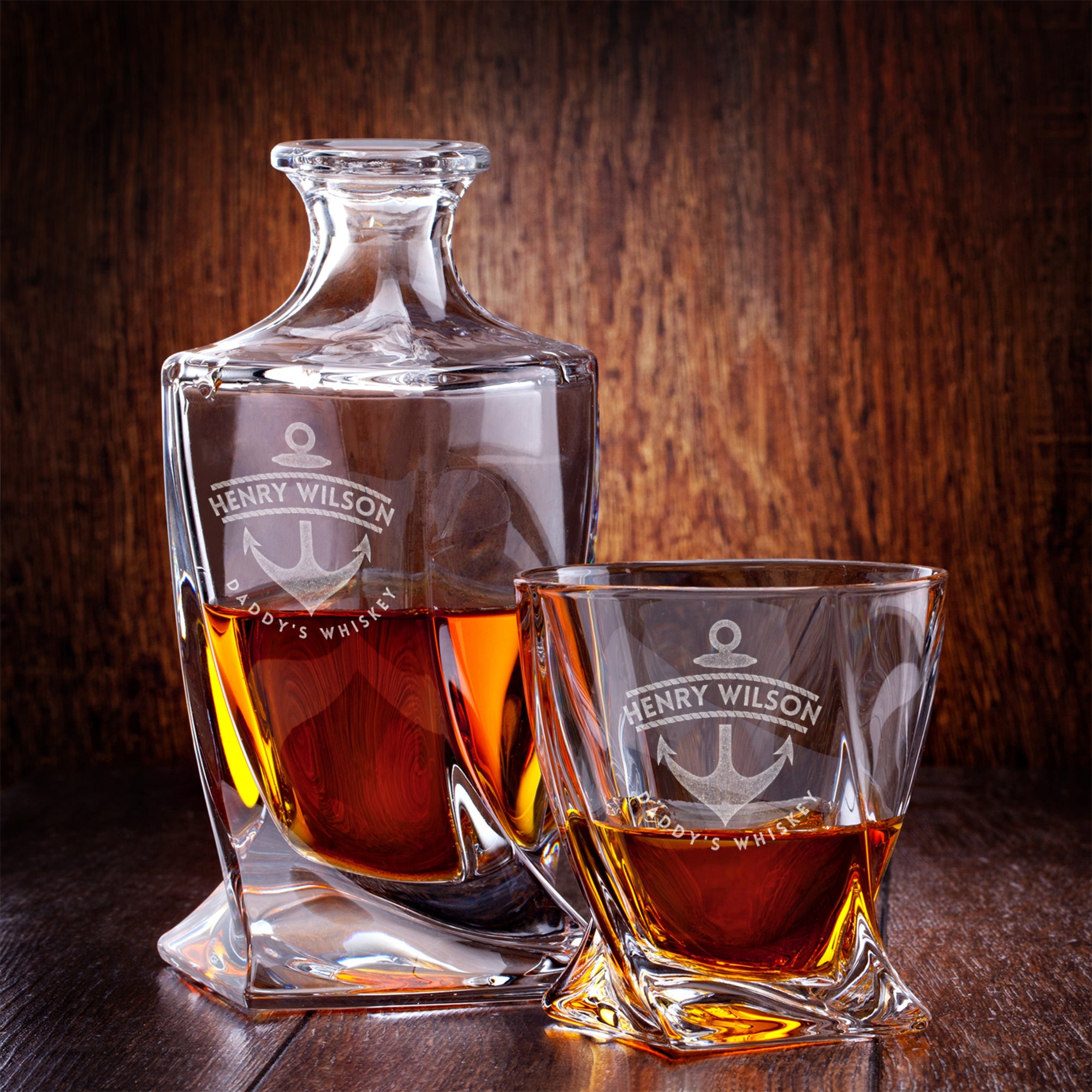 Personalised Wooden Boxed Twisted Whiskey Decanter Set, 4 Scotch Glasses, 8 Ice Stones & Tongs | Custom Engraved Groomsmen, Wedding, Whisky Bar Gift