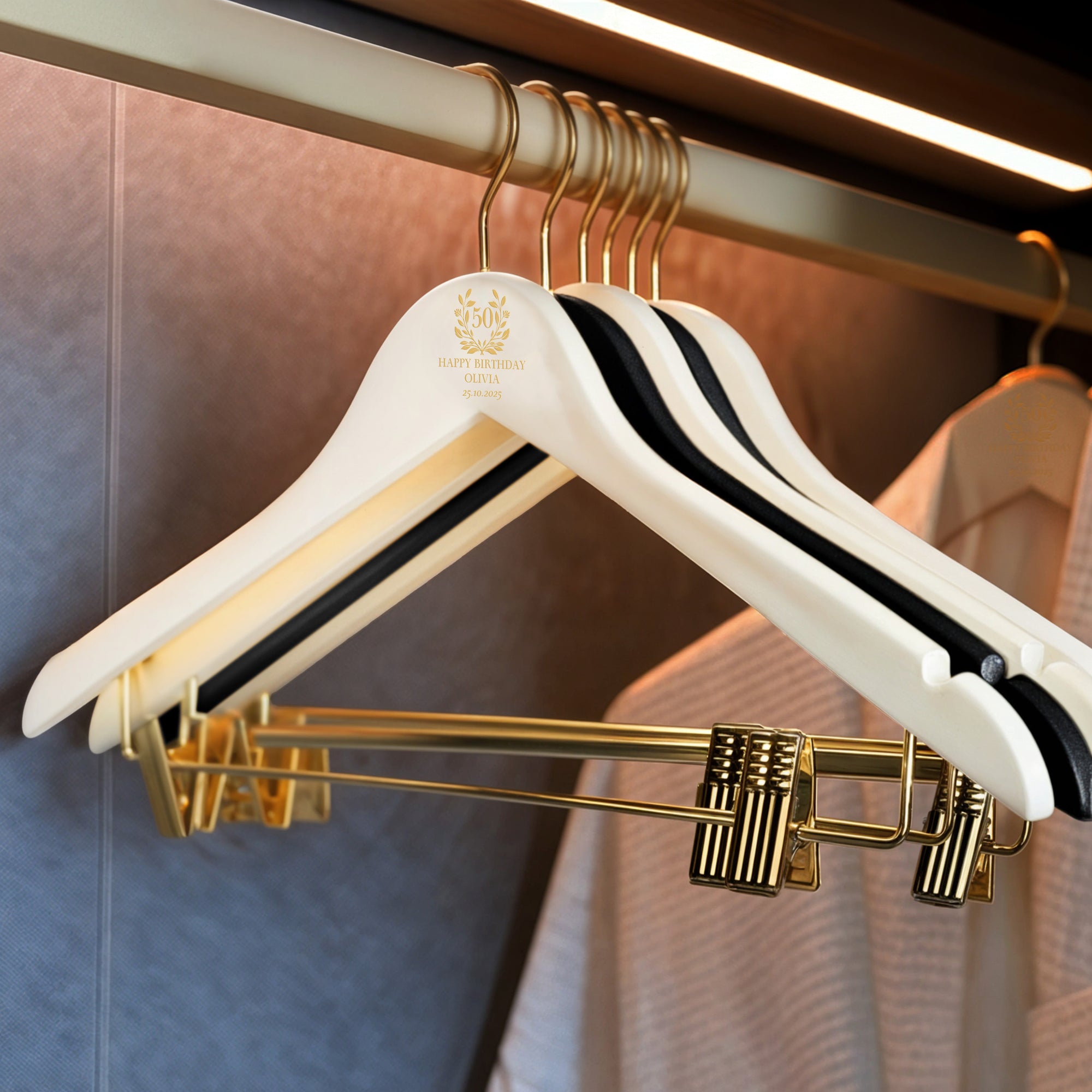Personalised Wooden Combination Hanger, Gold Pants Clips & Hook, Custom Logo Retail Coat Suit Hangers, Wedding, Housewarming, Corporate Gift