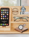 Personalised Wooden Docking Station, Custom Engraved Desk Valet, Nightstand Phone Watch Wallet Organiser, Dad, Groomsman, Housewarming Gift