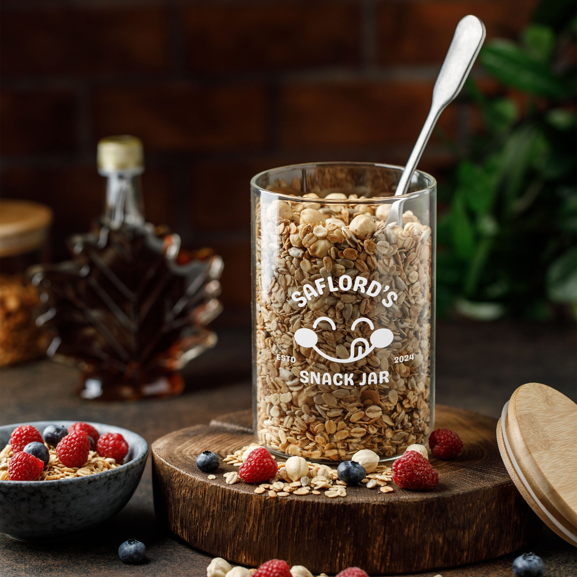 Personalised Wooden Lid Jar, Custom Etched Printed Treat, Food, Snack Glass Storage, Cookie Lolly Canister Teacher Anniversary Mom Xmas Gift