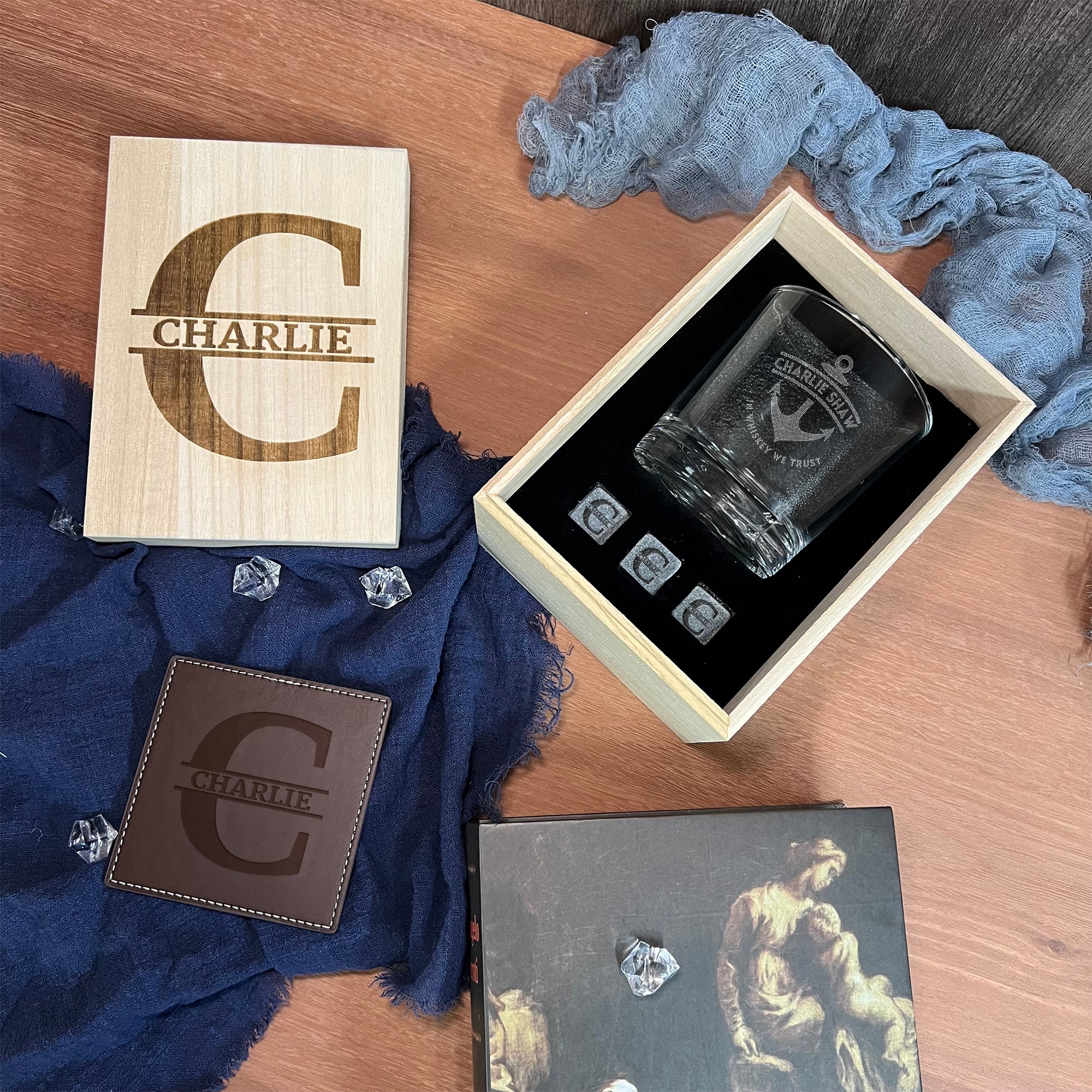 Personalised Wooden Whiskey Gift Box, Sleek Round Glass, Ice Stones, Coaster, Custom Engraved Logo Groomsman Barware, Wedding Corporate Gift