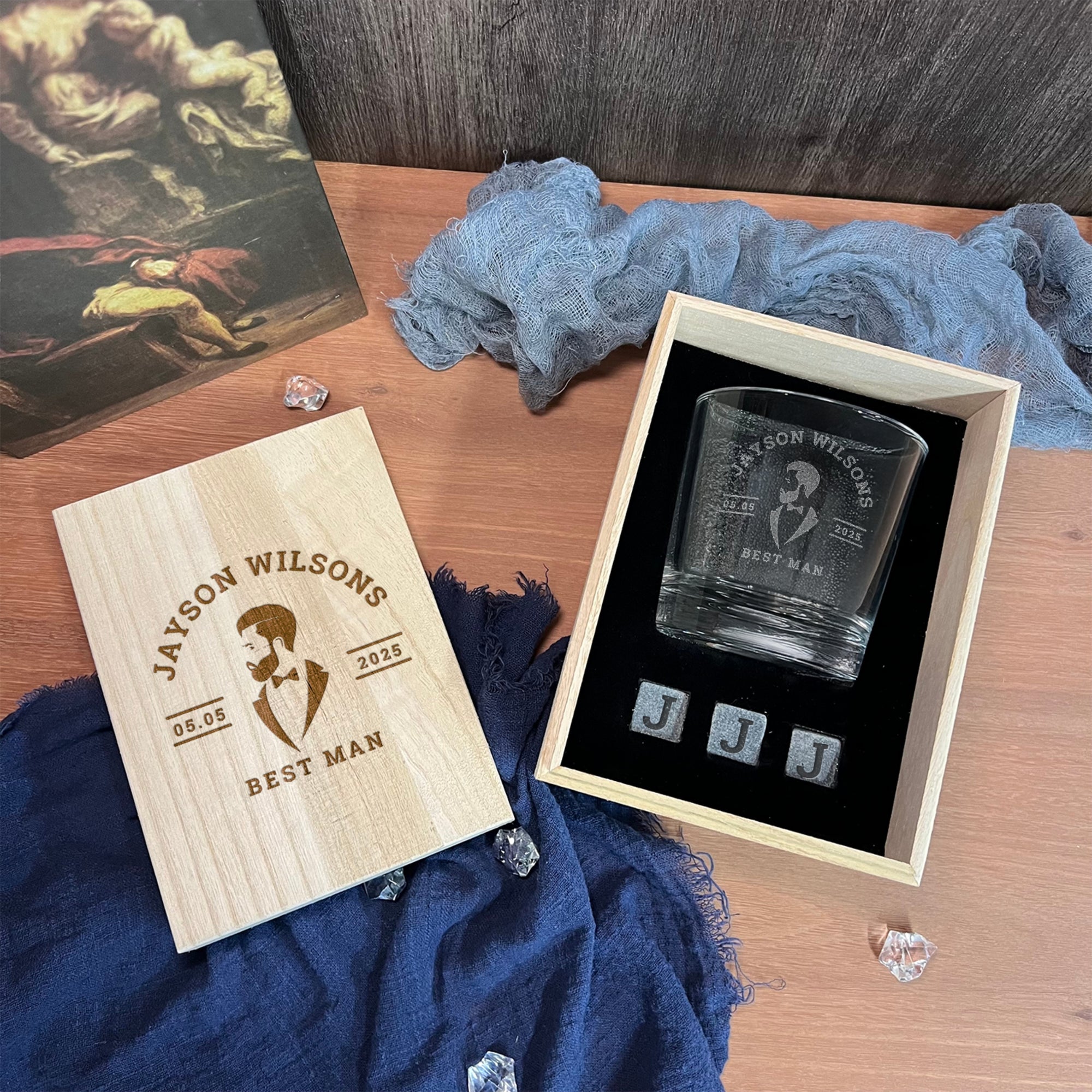Personalised Wooden Whiskey Gift Box, Sleek Round Glass, Ice Stones, Coaster, Custom Engraved Logo Groomsman Barware, Wedding Corporate Gift
