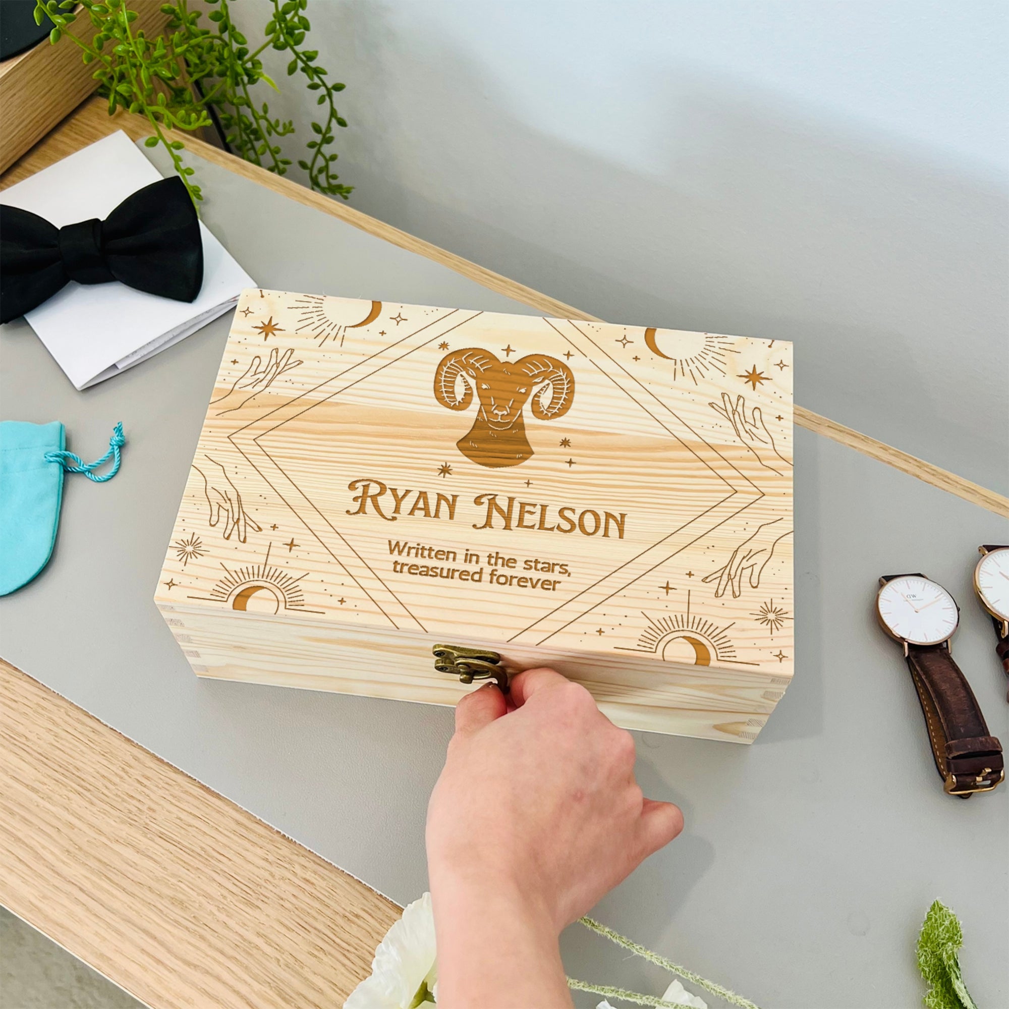 Personalised Zodiac Wooden Keepsake Box, Custom Engraved Celestial Sign Memory Treasure Storage, Wedding, Time Capsule, First Birthday Gift
