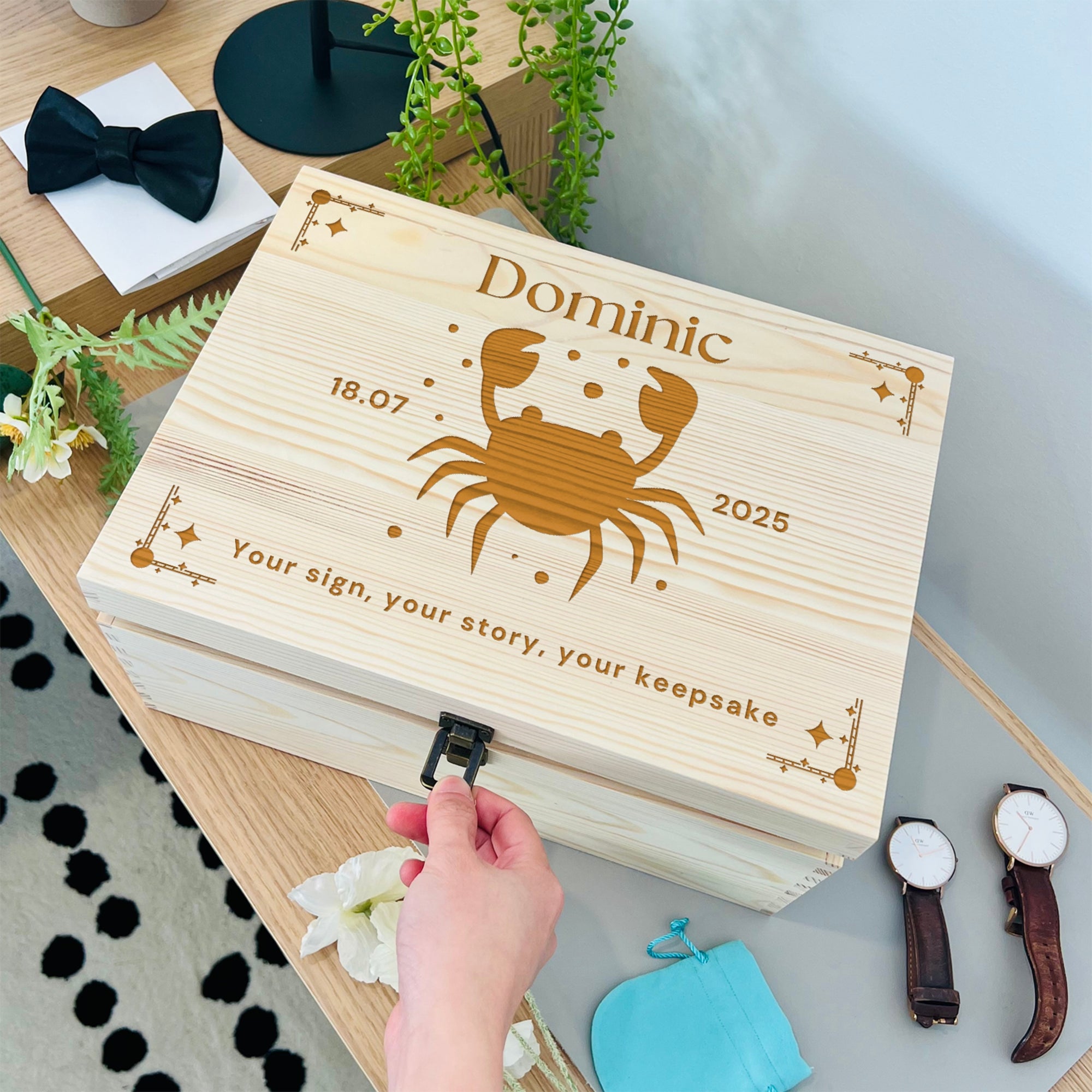 Personalised Zodiac Wooden Keepsake Box, Custom Engraved Horoscope Treasure Storage, Wedding Time Capsule First Birthday Celestial Sign Gift