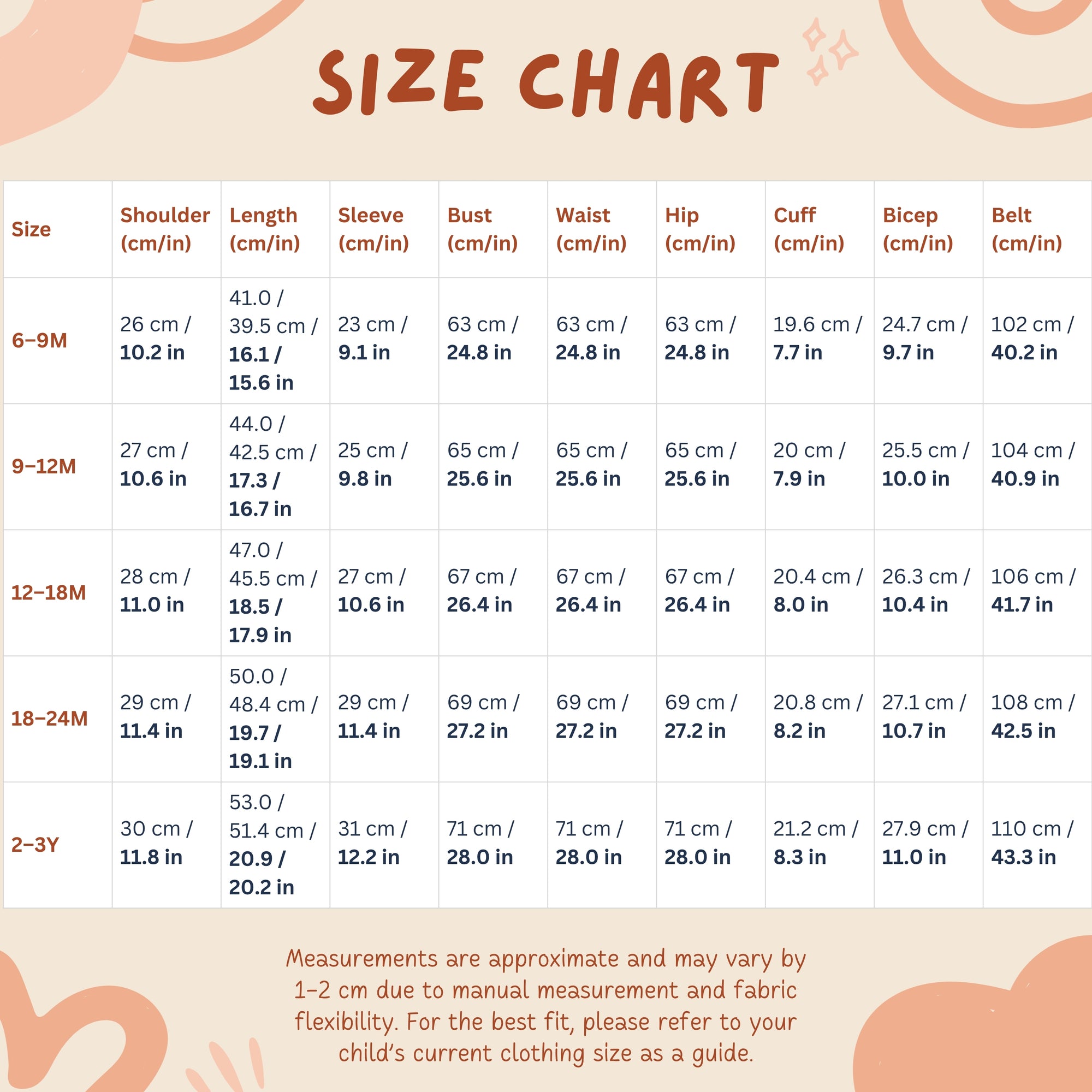 Size chart for children's bathrobe with measurements in centimeters and inches.