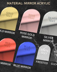 Various mirror acrylic options with text color examples on a dark background