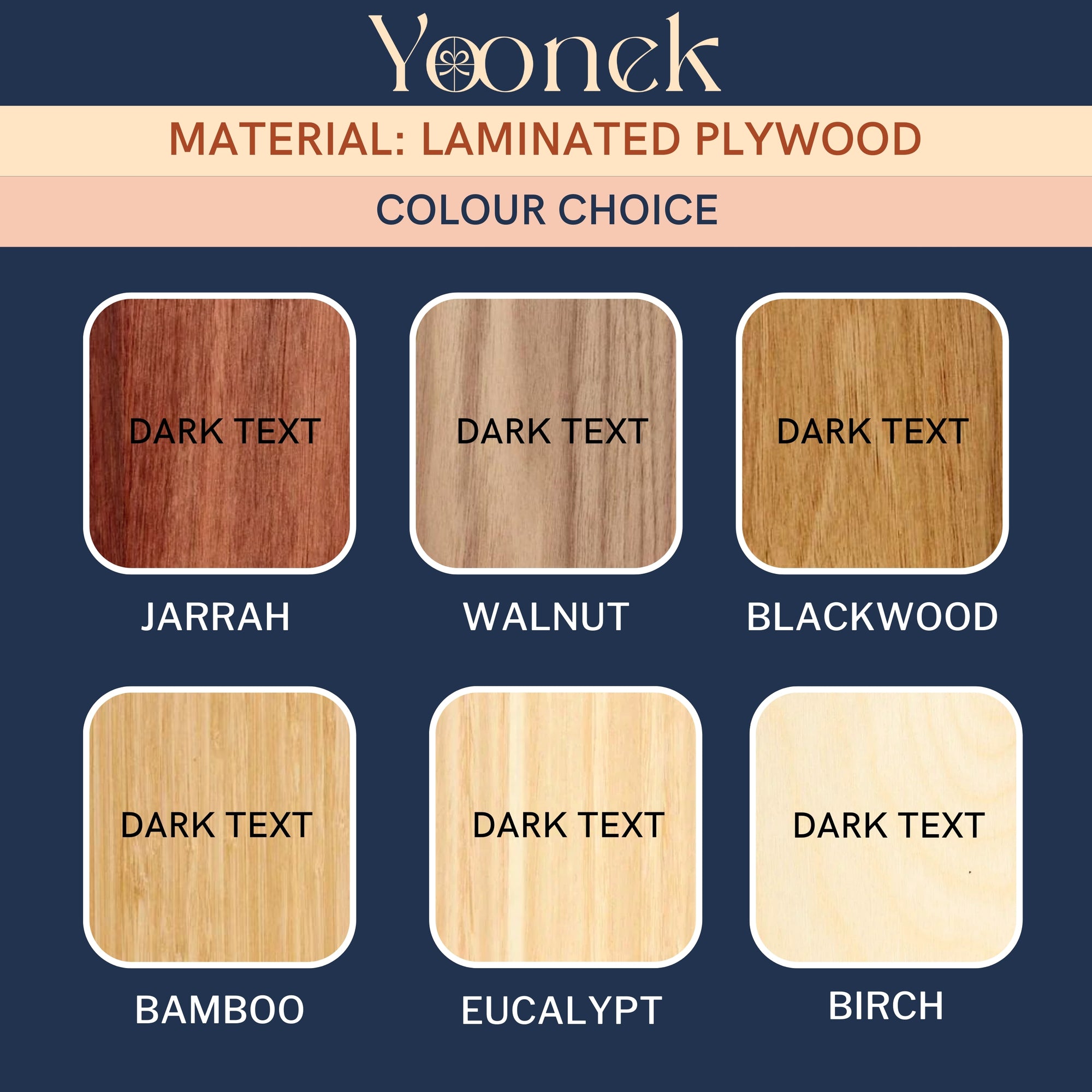 Yoonek laminated plywood color choice chart with various wood textures and names.
