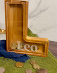 Personalised Wood Letter Piggy Bank, Custom Engraved Name Money Saving Box Alphabet Coin Storage Birthday Shower Gift Nursery Kid Room Decor