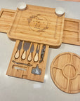 Personalised Bamboo Pull Out 3 Drawer Cheese Board & Knife Tools Set with Fruit Tray, Engraved Wooden Charcuterie Platter, Anniversary Gift