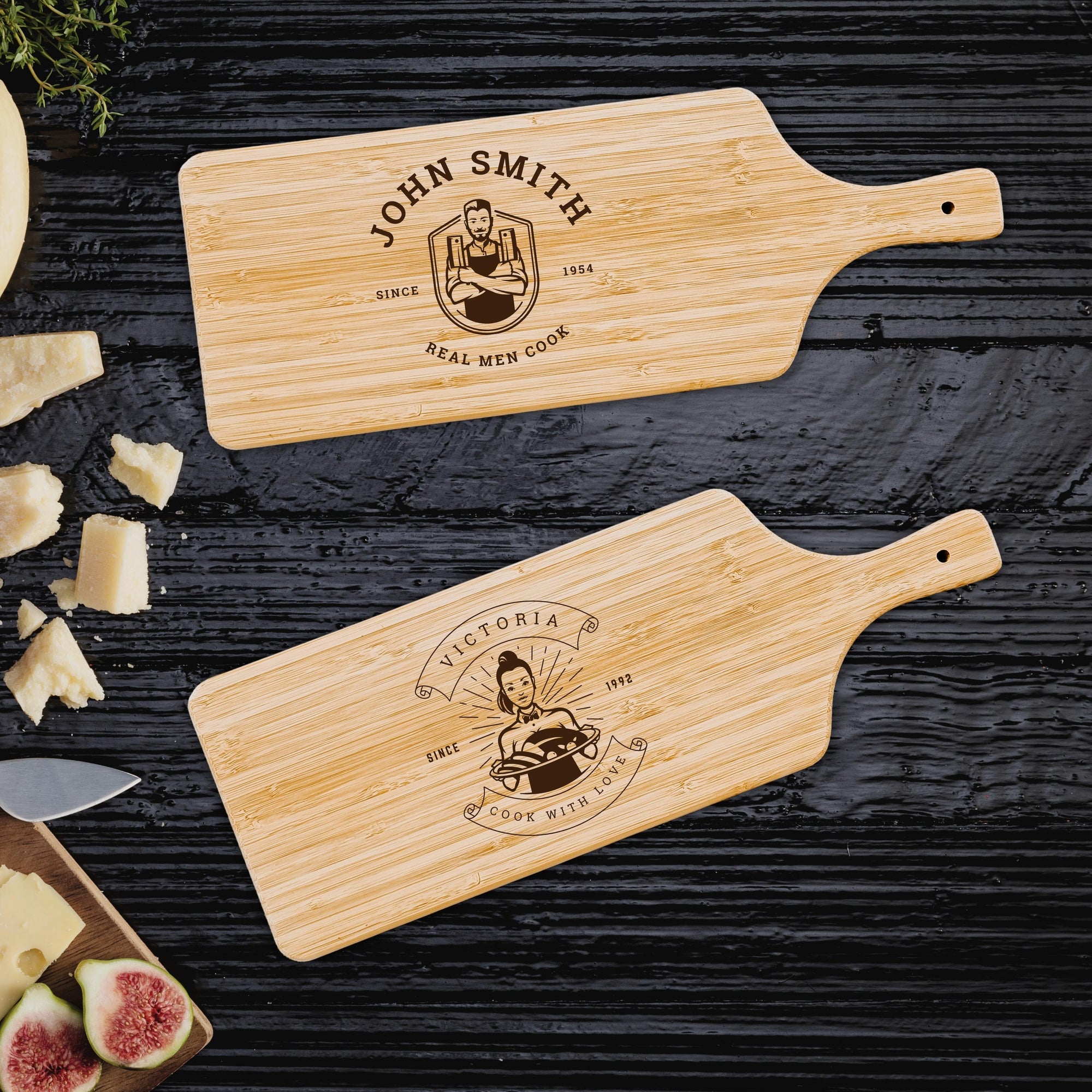 Personalised Bamboo Wooden Serving Cheese, Charcuterie Handle Tray, Cutting Board, Engraved Timber Platter, Custom Wedding Anniversary Housewarming Gift