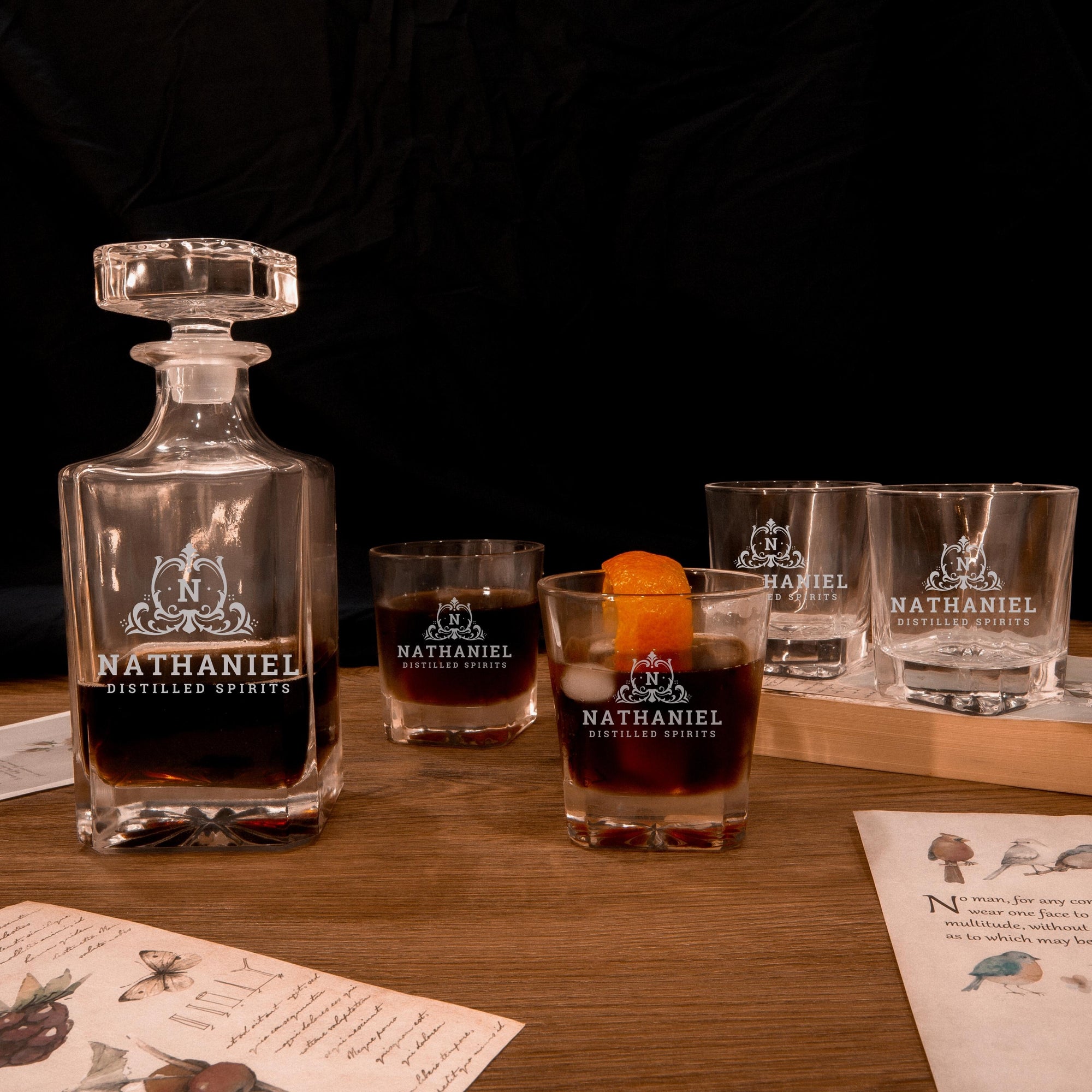 Engraved Whiskey Decanter Set with 4  Scotch Glasses, Personalised Custom Monogram Premium Whisky Birthday, Groomsmen, Bar Gift for Dad/ Him