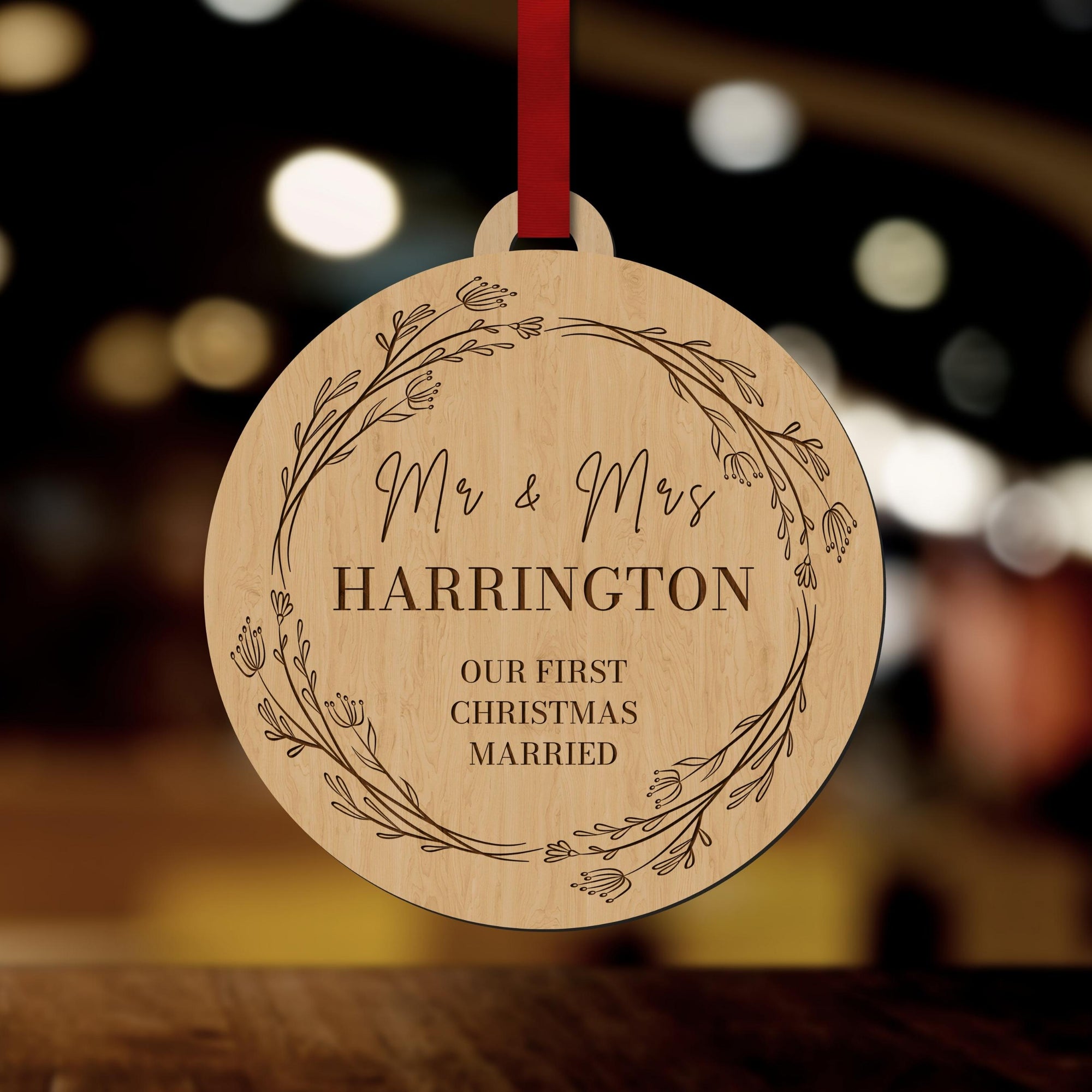 Personalised Mr & Mrs Our First Christmas Married/ Engaged Baubles, Engraved Custom Name Birch Wooden Hanging Tree Xmas New Year Ornament, Decoration Housewarming Gift Tags
