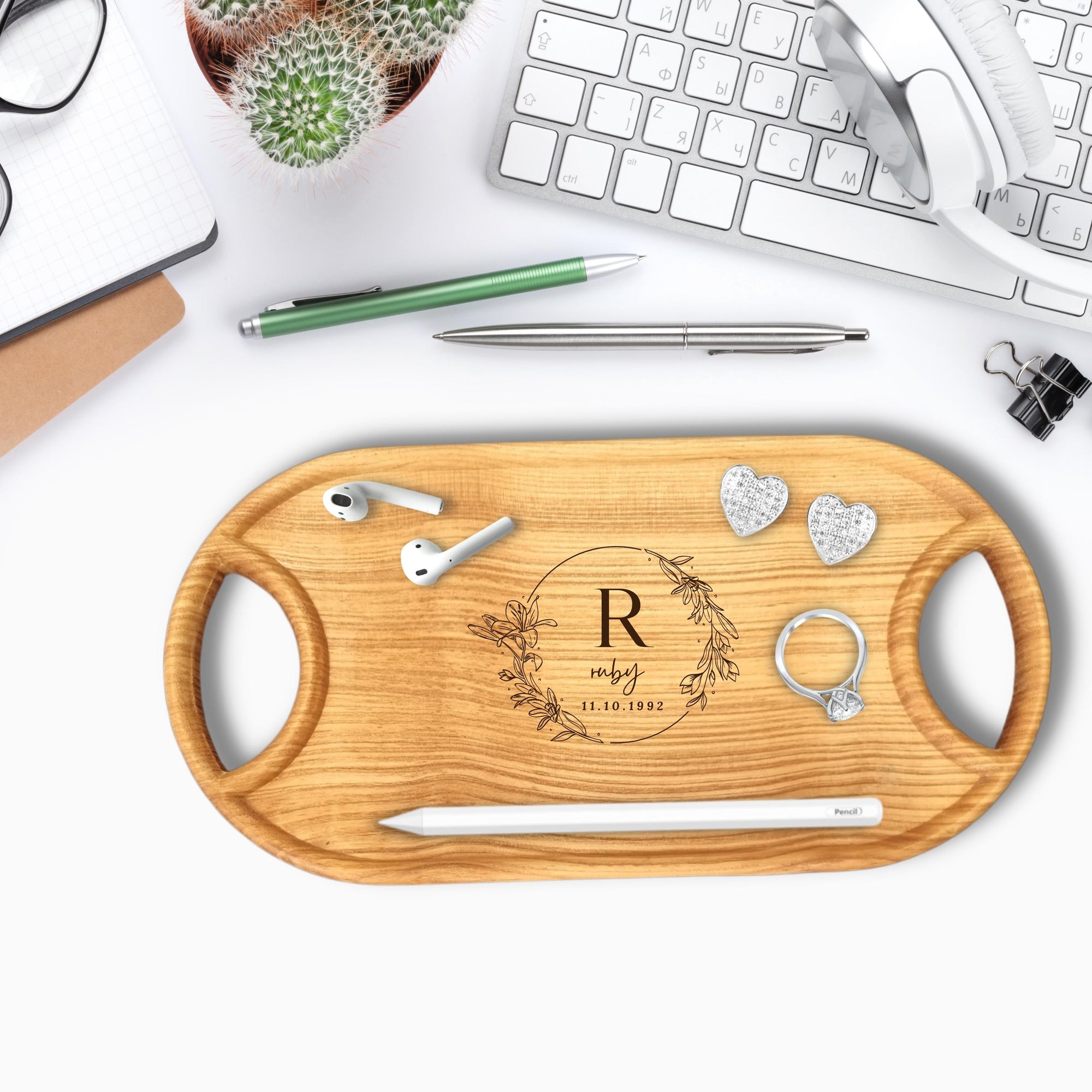 Personalised Wooden Jewellery/ Tech/ Office/Serving/Catchall Tray, Custom Engraved Timber Organiser, Birthday, Housewarming Gift for Her Him