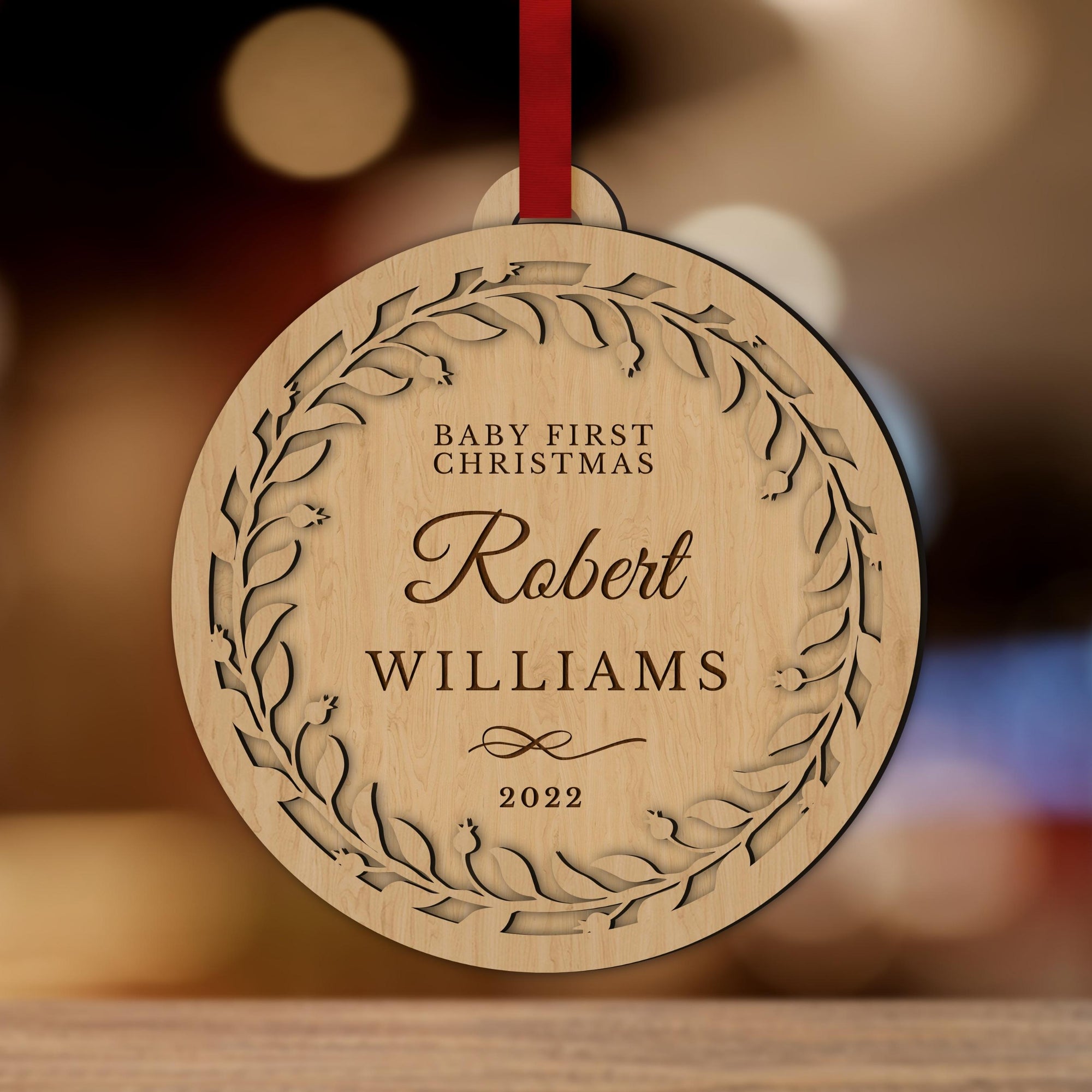 Personalised Double Layer Wreath Wooden Baubles, Engraved Custom Baby Name First Christmas Married/ Engaged Xmas Ornament, Housewarming Gift