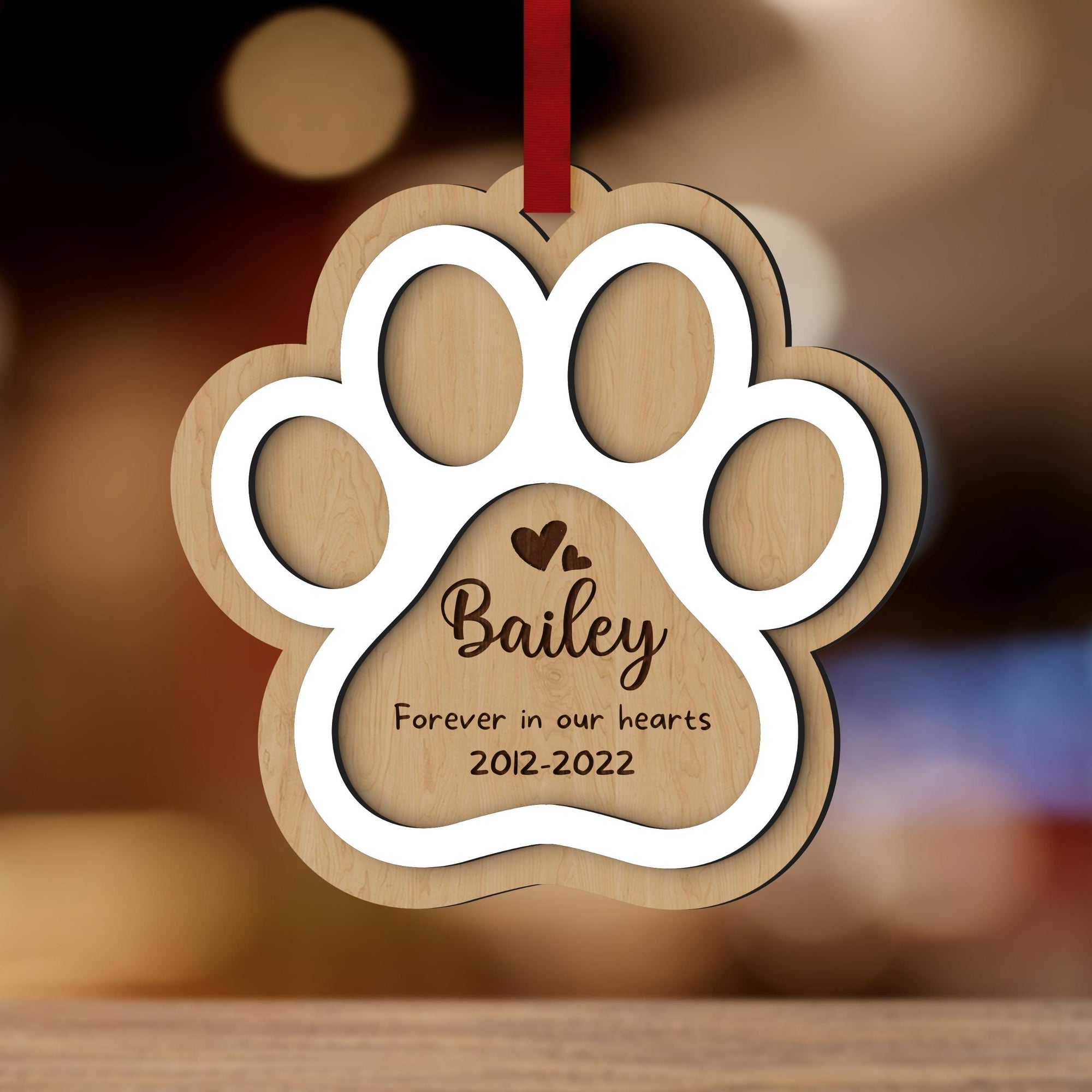 Personalised Double Layer Pet Paws Wooden Baubles, Engraved Custom Dog Name First Christmas Memorial Xmas Tree Ornament Decor Cat Lover Gift