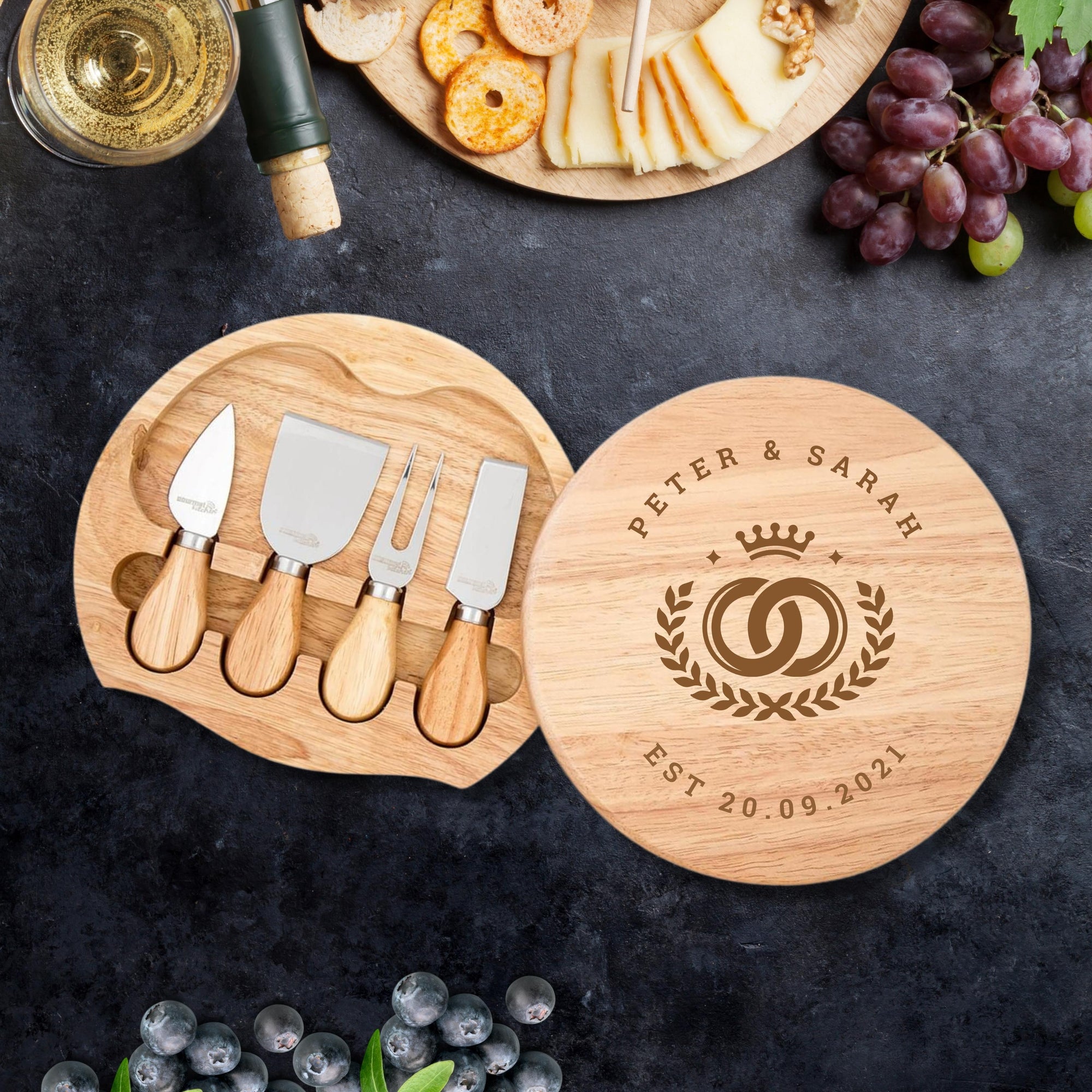Personalised Round Wood Cheese Hinge Board & Knife Travel Set, Engraved Charcuterie Platter, Wedding Anniversary Corporate Housewarming Gift