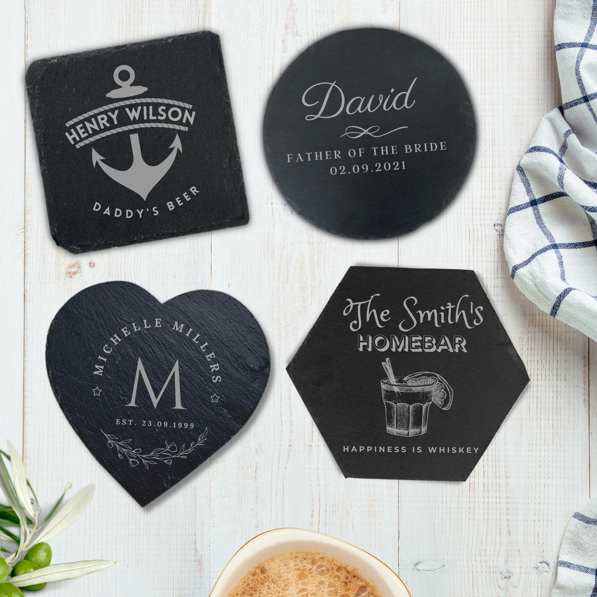 Engraved Slate Coasters, Custom Laser Personalised Drink Mat, Restaurant, Wedding/ Birthday/ Christmas Present, Corporate Housewarming Gift
