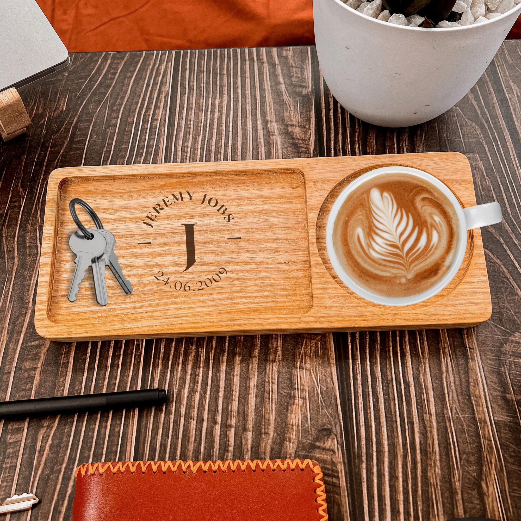 Personalised Ash Wood Round Catchall Tray & Drink Holder, Jewellery/ Tech/ Serving Valet, Custom Engraved Timber Organiser, Desk Accessories