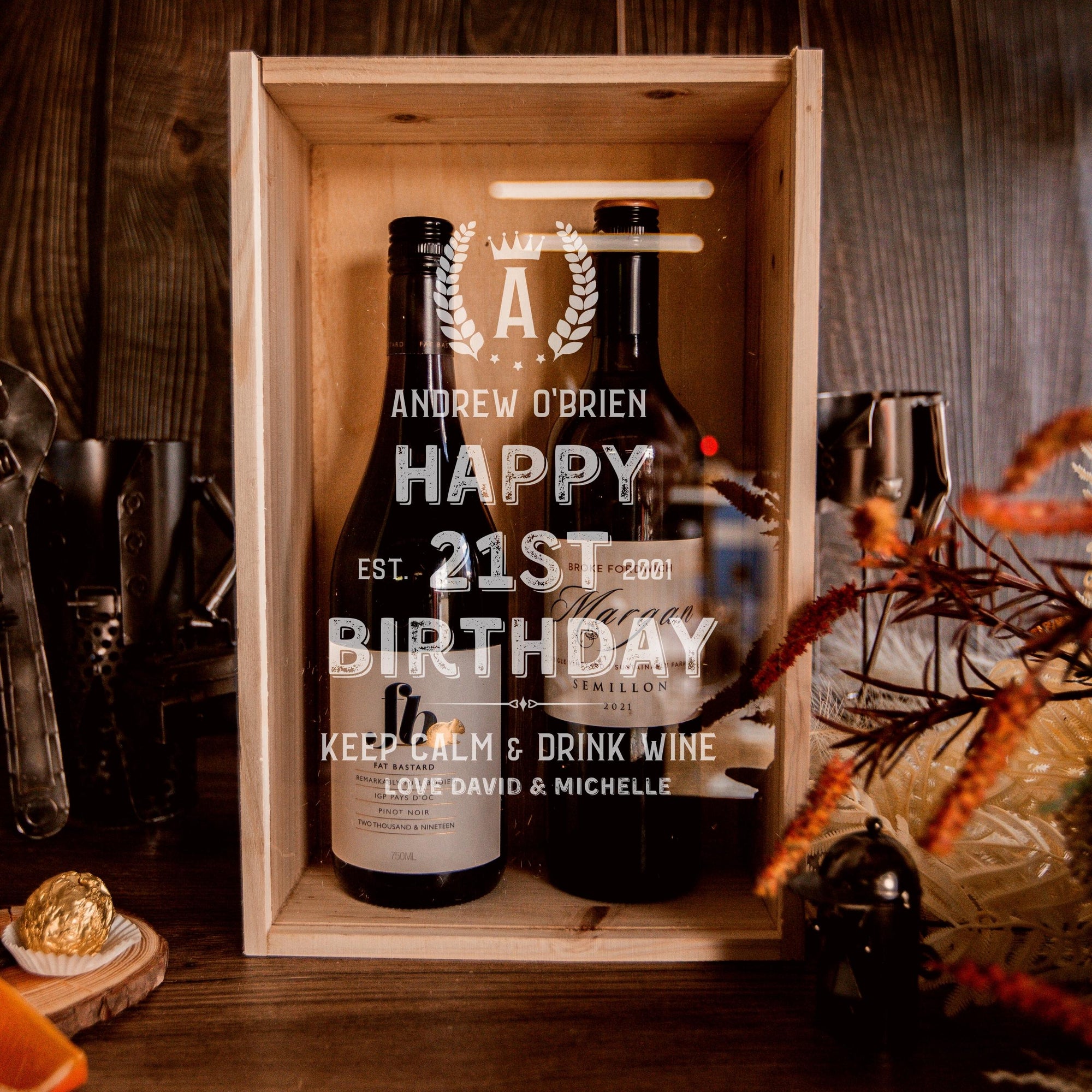 Personalised Clear Acrylic Lid & Wooden Twin Double Wine Box Gift, Engraved Custom Housewarming/ Birthday, Mom-Dad, Teacher, Godparents, Wedding Favour
