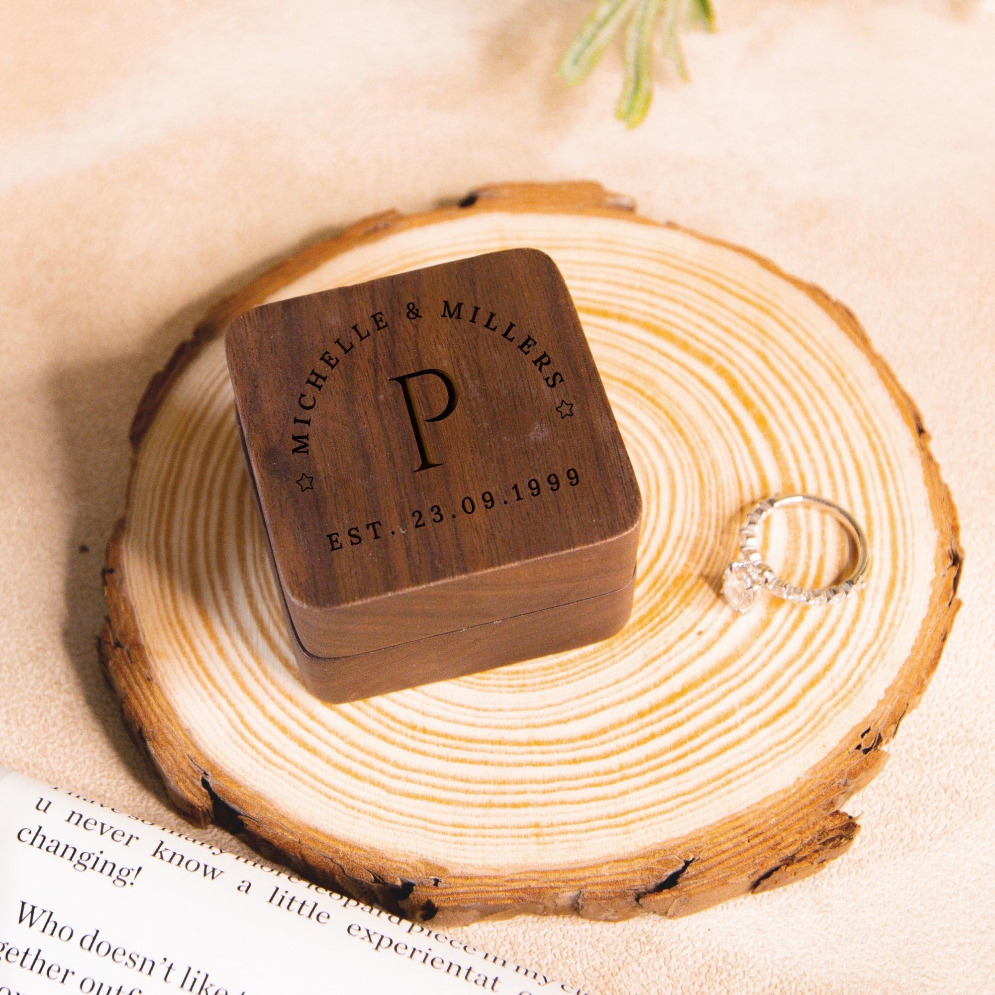 Personalised Wooden Engagement Proposal Ring Bearer Box, Custom Engraved Wedding Double Slot Solid Walnut Oval Ring Holder Storage, Rustic Vintage Anniversary Gift