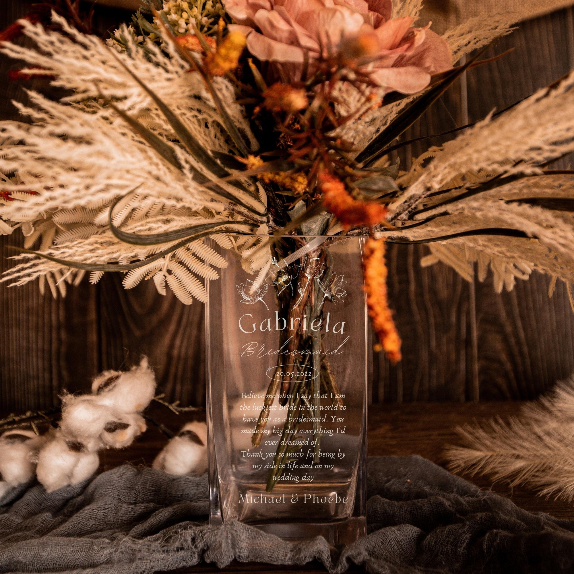 Personalised Square Tank Glass Vase, Custom Engraved Memorial Wedding Gift for Bridesmaid, Mother of Bride/ Groom, Housewarming, Anniversary