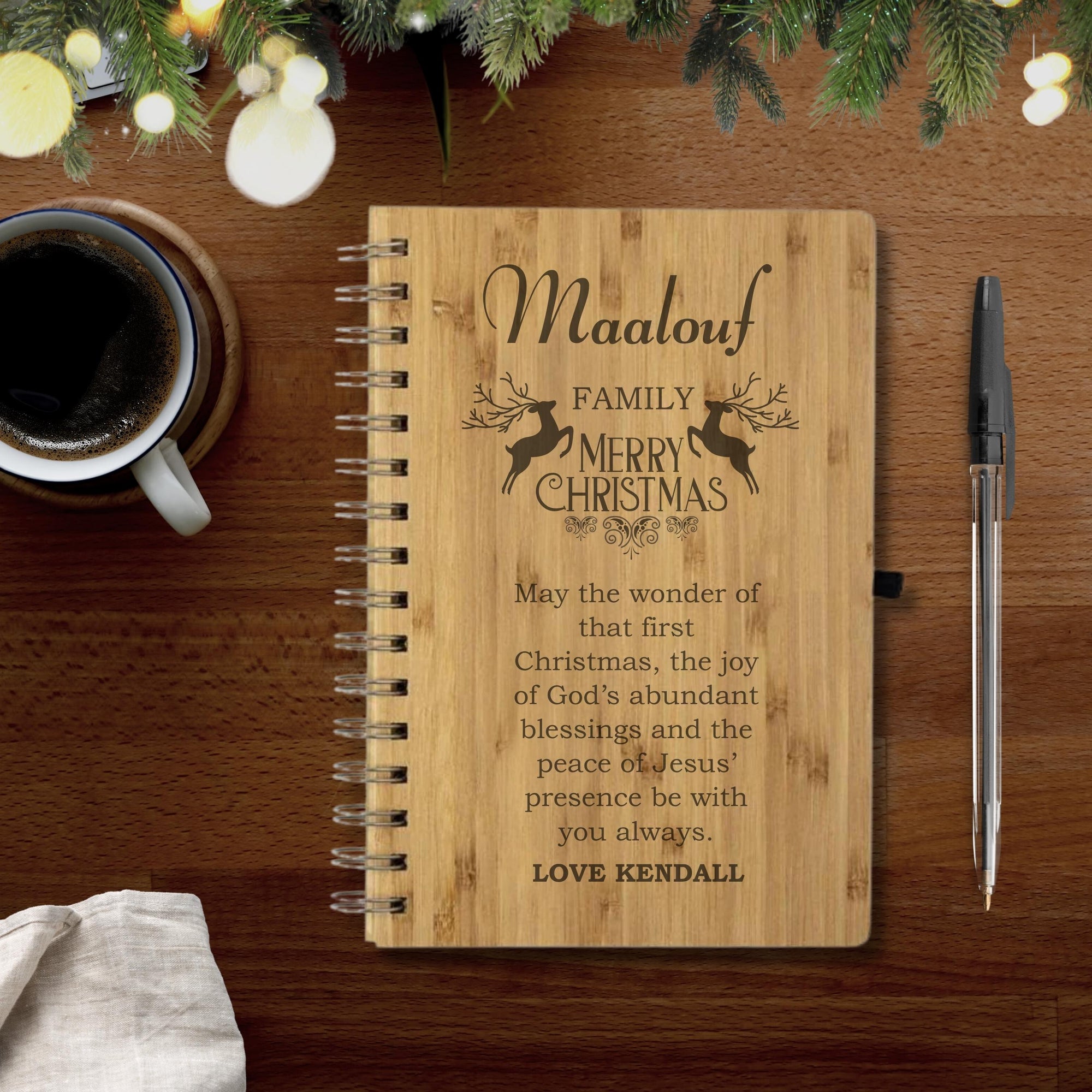 Christmas Personalised Engraved Bamboo Notebook, Customised Recipe Book, Travel Journal, Birthday/ Xmas New Year Gift, Logo Corporate Stationary Present