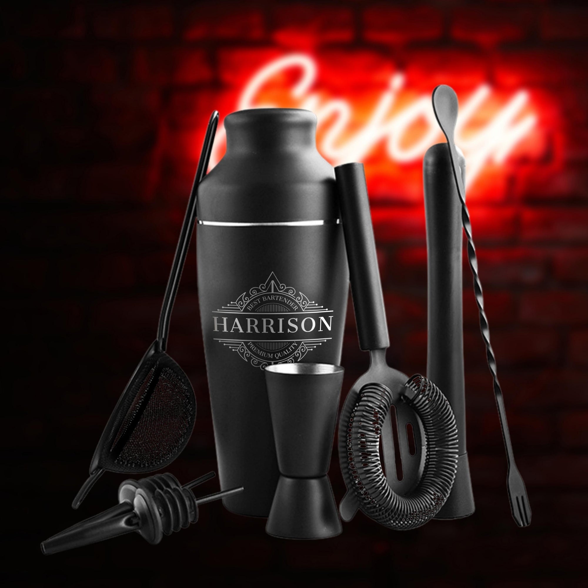 Engraved Stainless Steel Matte Black Cocktail Shaker Set of 9, Personalised Custom Monogram Barware, Drink Mixer Martini Boston Alcohol Shaker Bartender Drink Party Bar Tools, Gift for Dad/ Him