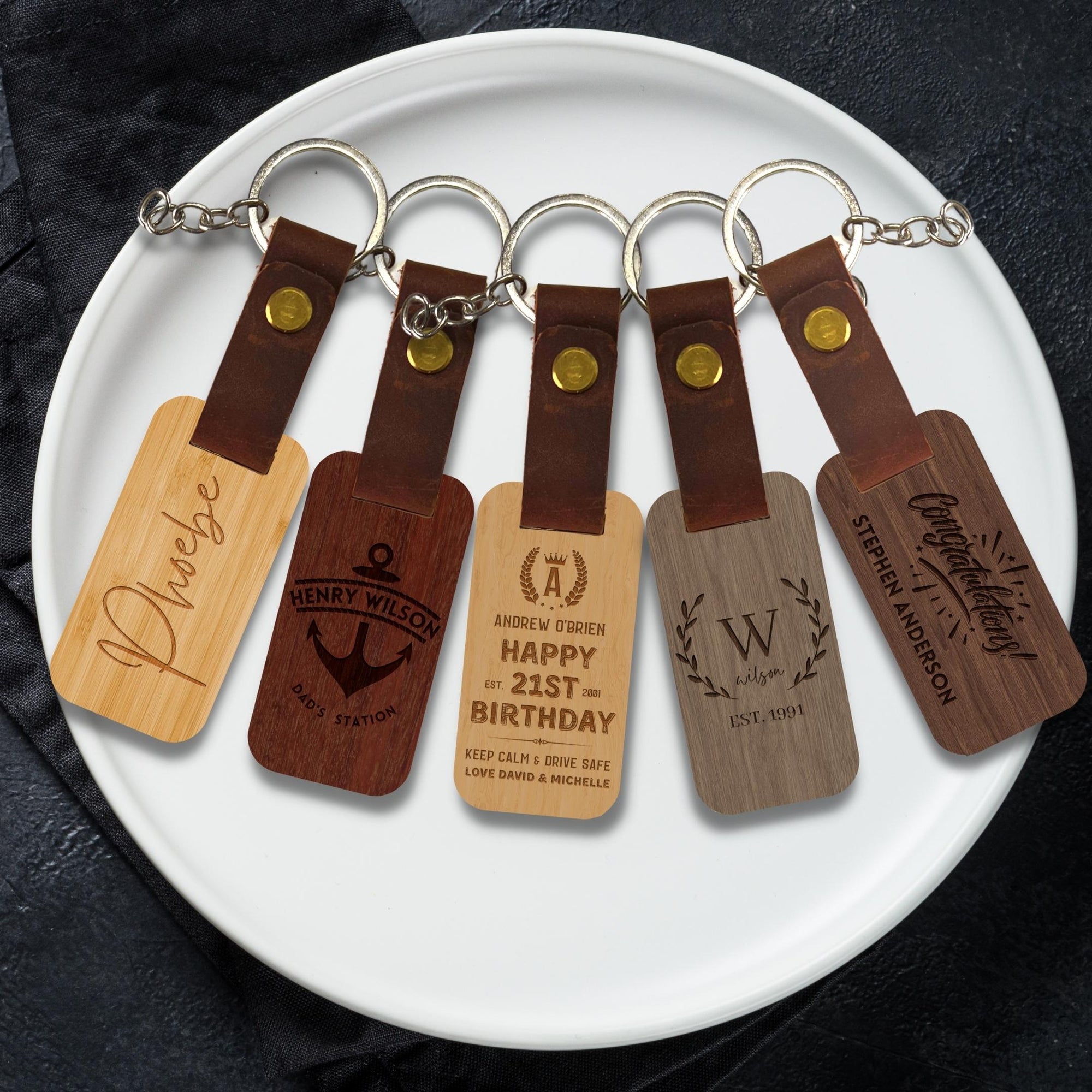 Personalised Wooden Keychain, Custom Wood Key Chain, Logo Engraved Leather Key Ring Tags, Drive Safe Keyrings Gift For Him, Dad/ Corporate, Wedding Favours