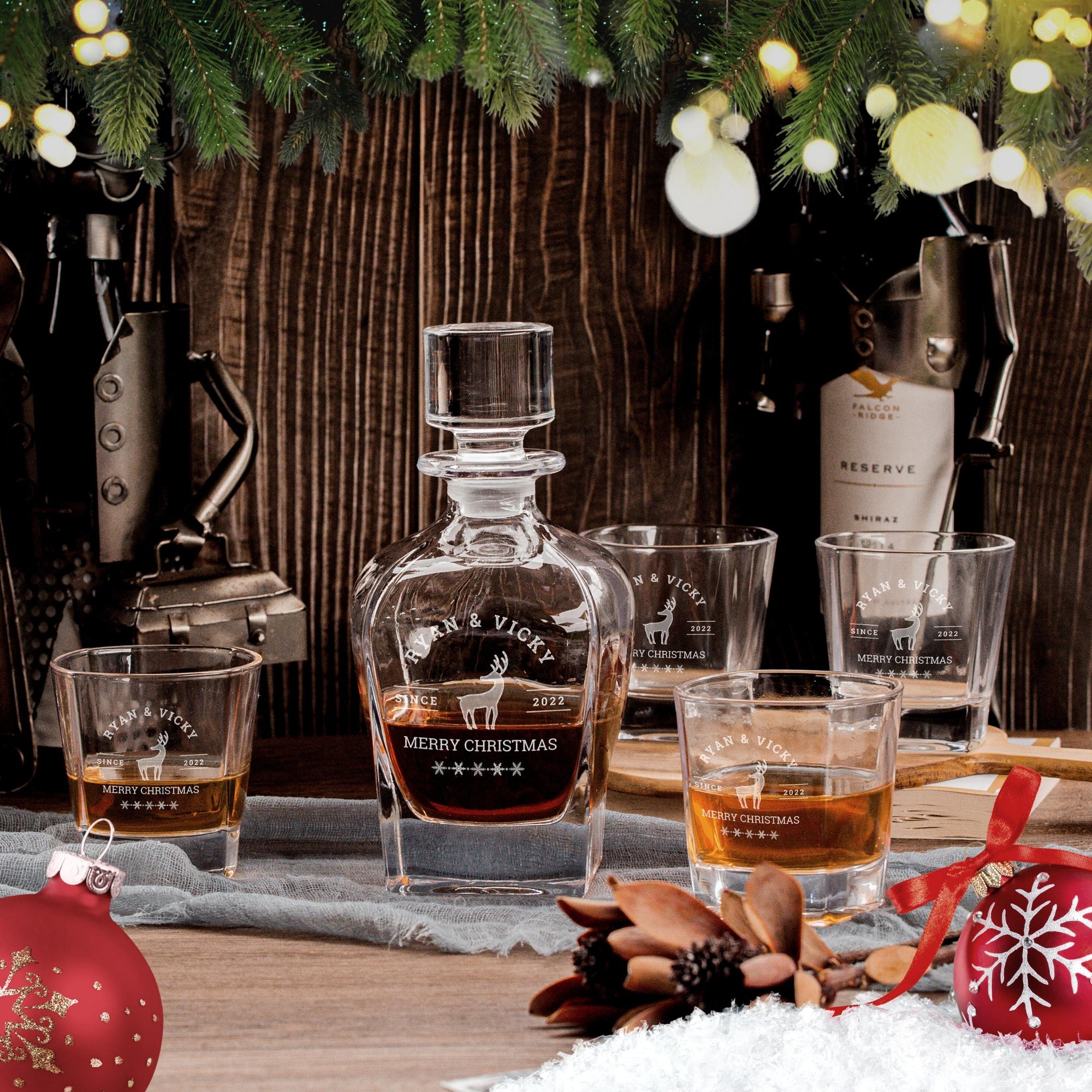 Christmas Engraved Whiskey Decanter Set with 4  Scotch Glasses - Carafe, Personalised Custom Premium Whisky Xmas New Year, Birthday, Bar Gift for Dad/ Him