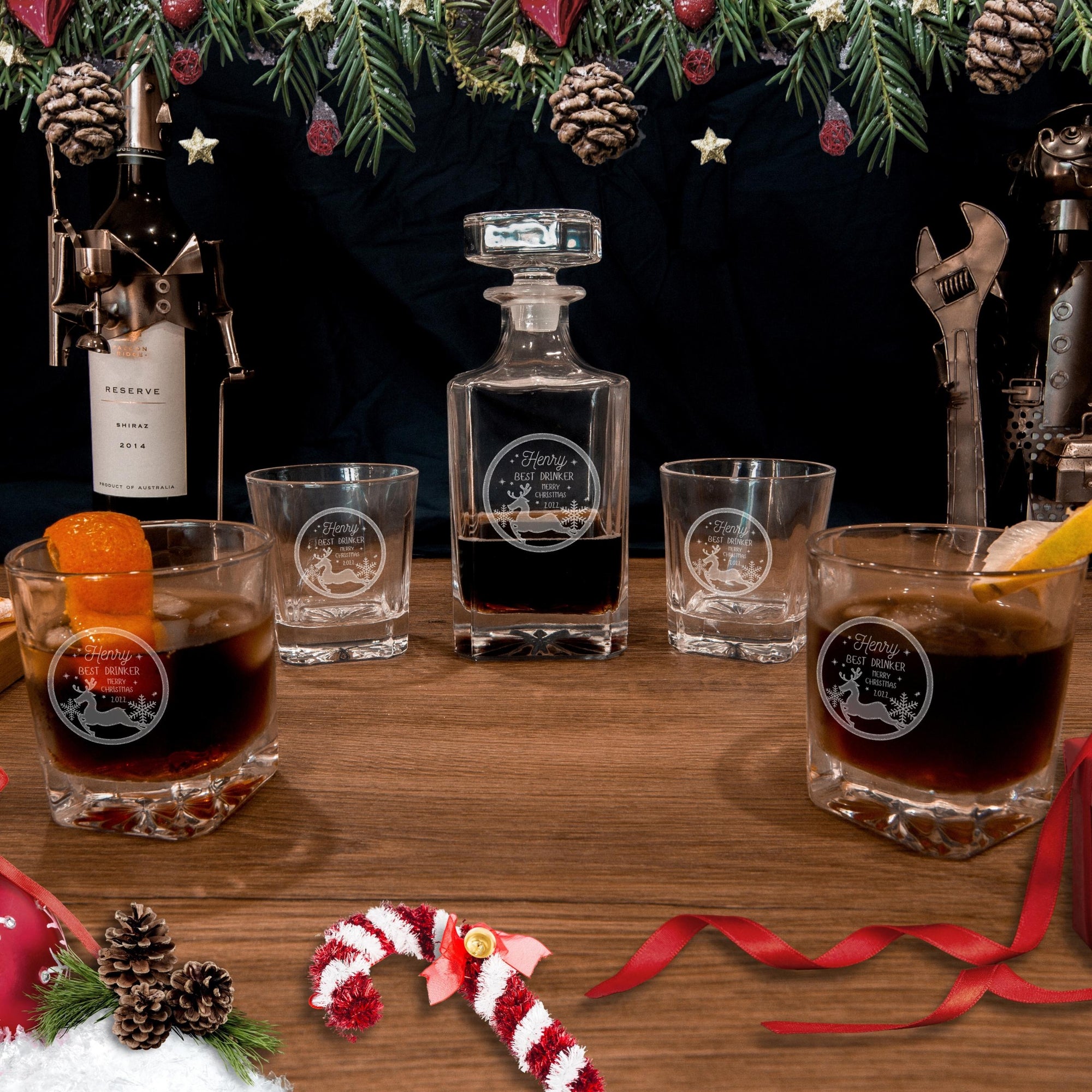 Christmas Engraved Whiskey Decanter Set with 4  Scotch Glasses, Xmas New Year Personalised Custom Monogram Premium Whisky Birthday, Groomsmen,Dad/ Him Gift