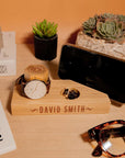 Personalised Wooden Watch, Phone Stand, Accessories Display Holder, Custom Engraved Timber Desk Organiser, Corporate Xmas/ Father Mom Gift