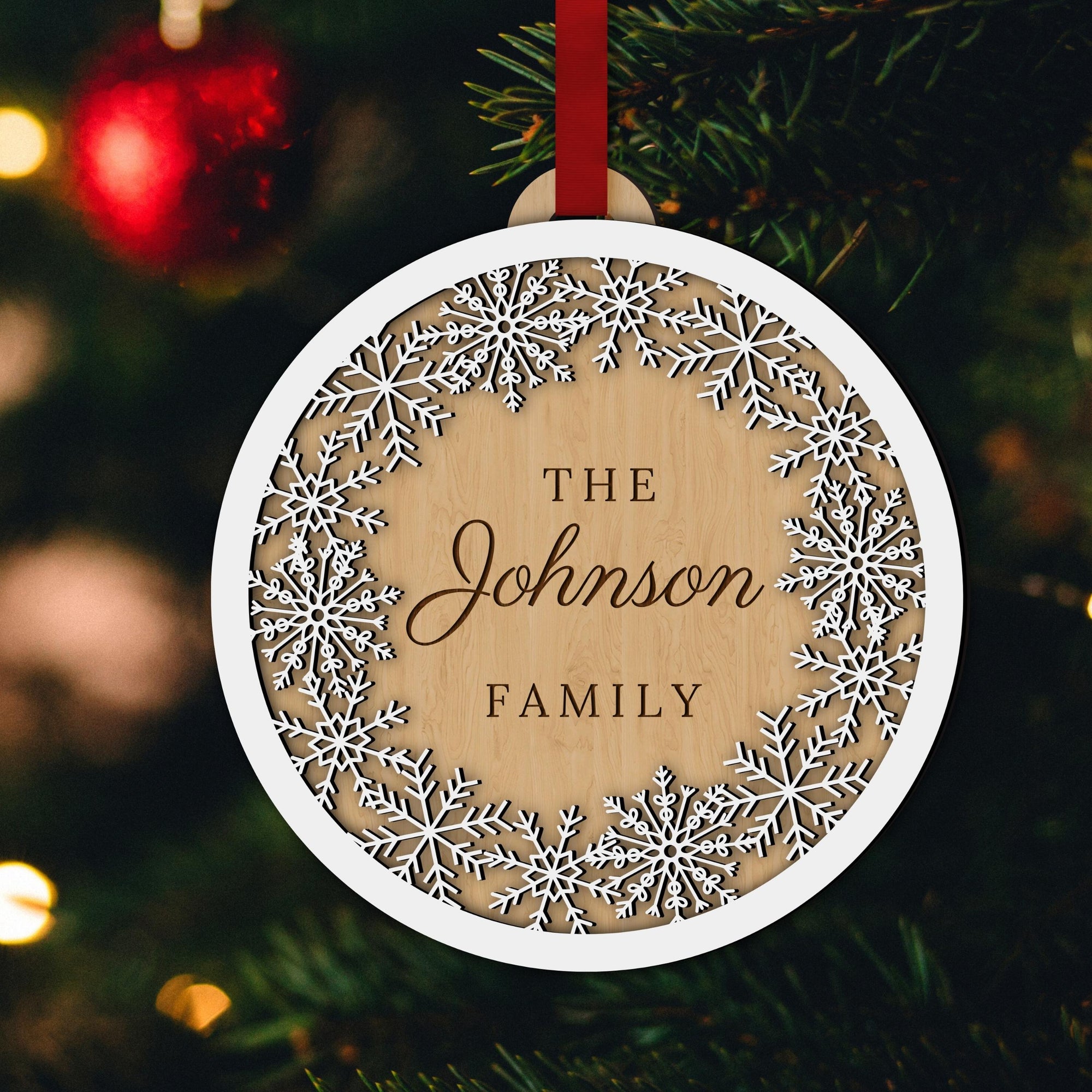 Personalised Double Layer Snowy Wooden Baubles, Engraved Custom Name Mr & Mrs First Christmas at New House/ Married/ Engaged Hanging Tree Xmas, New Year Ornament, Decor Housewarming Gift Tags