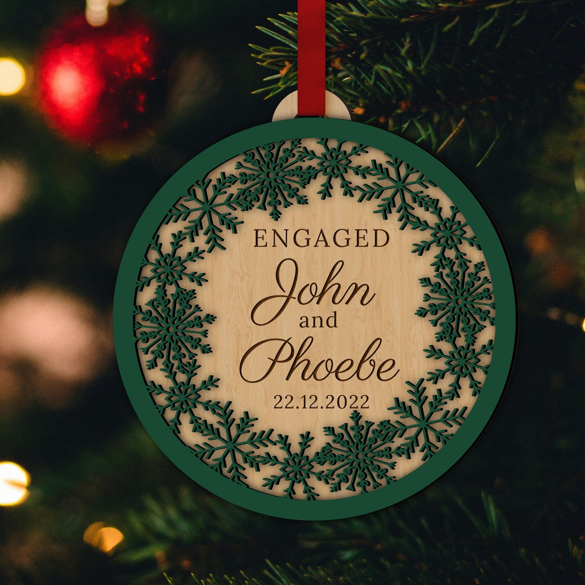 Personalised Double Layer Snowy Wooden Baubles, Engraved Custom Name Mr & Mrs First Christmas at New House/ Married/ Engaged Hanging Tree Xmas, New Year Ornament, Decor Housewarming Gift Tags