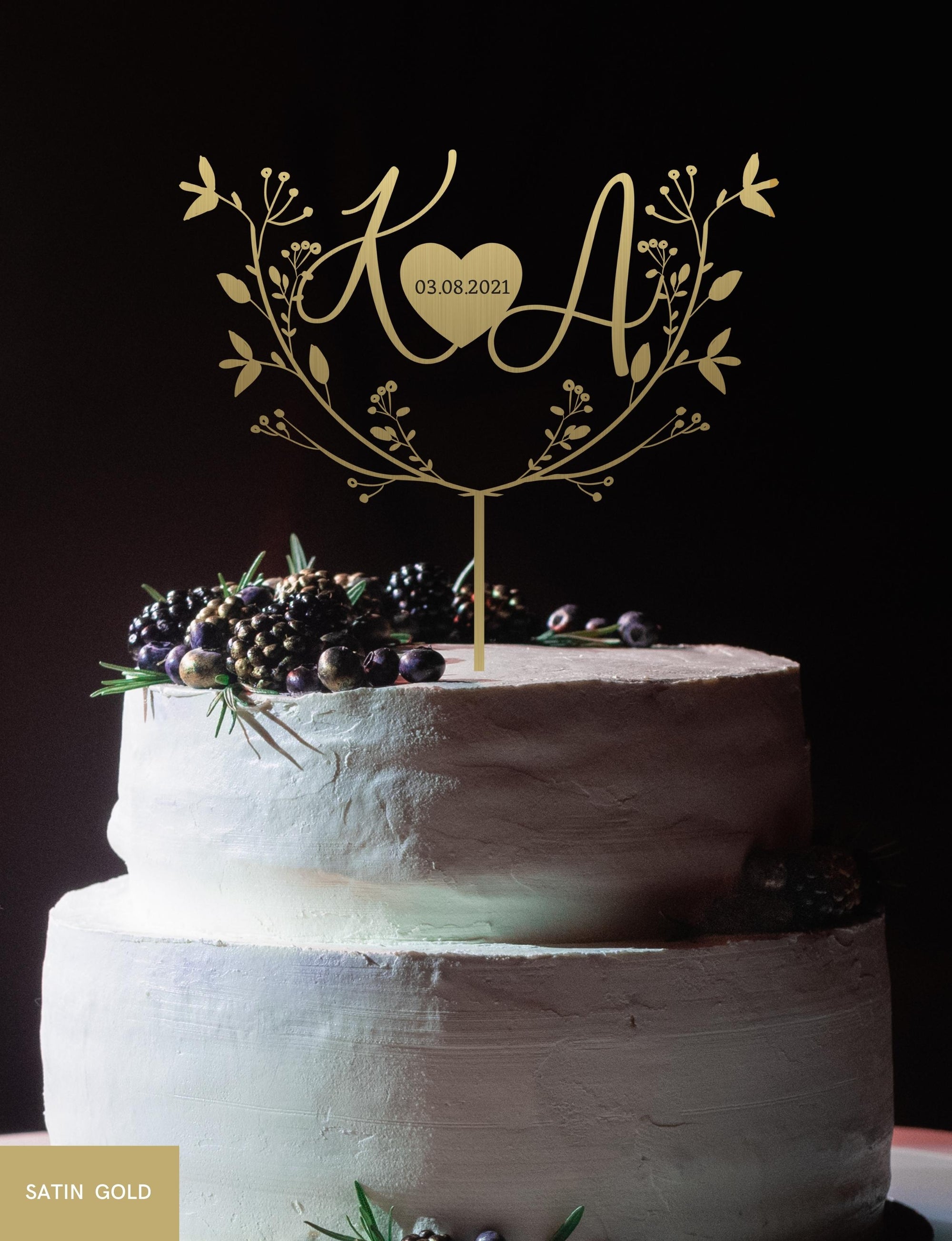 Personalised MDF/ Mirror Acrylic Wedding Cake Topper, Custom Join Name & Engraved Date on Heart, Leaf Signage, Bridal & Groom, Hens, Event Party Supply Decor