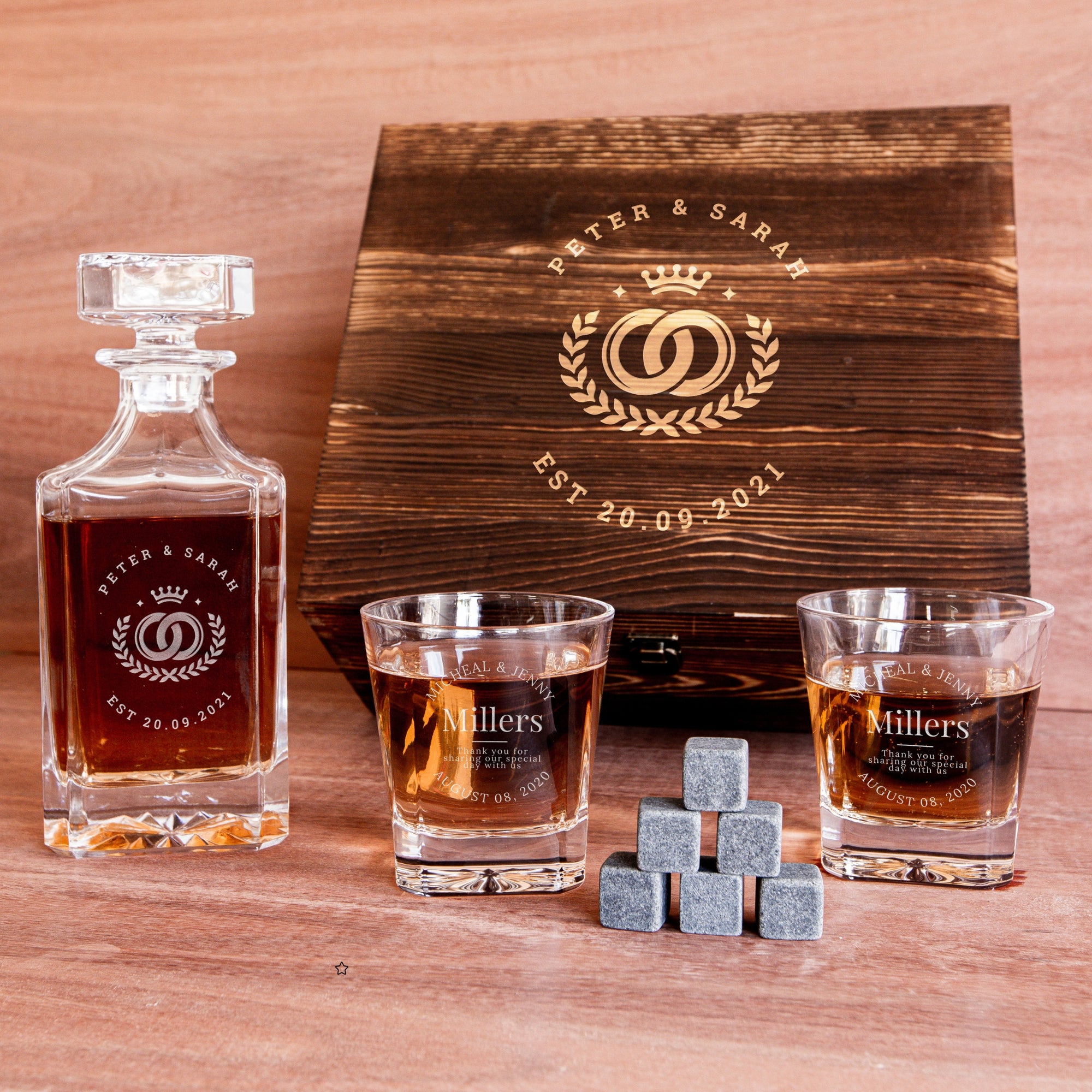 Engraved Whiskey Wooden Box - Square Decanter, 2 Scotch Glasses & 6 Ice Stones, Personalised Barware Set Groomsman Retirement Christmas Gift