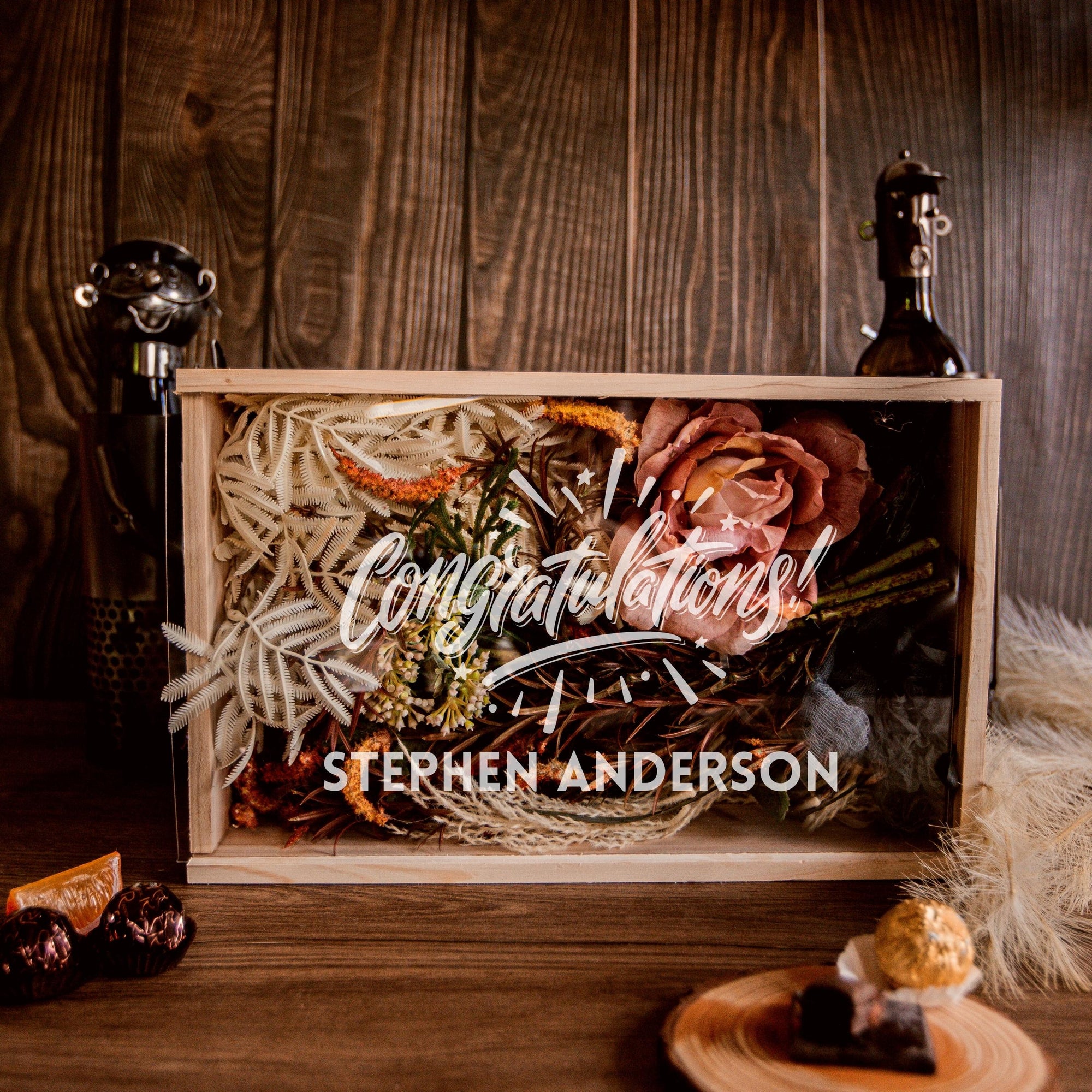 Personalised Clear Acrylic Lid & Wooden Twin Double Wine Box Gift, Engraved Custom Housewarming/ Birthday, Mom-Dad, Teacher, Godparents, Wedding Favour