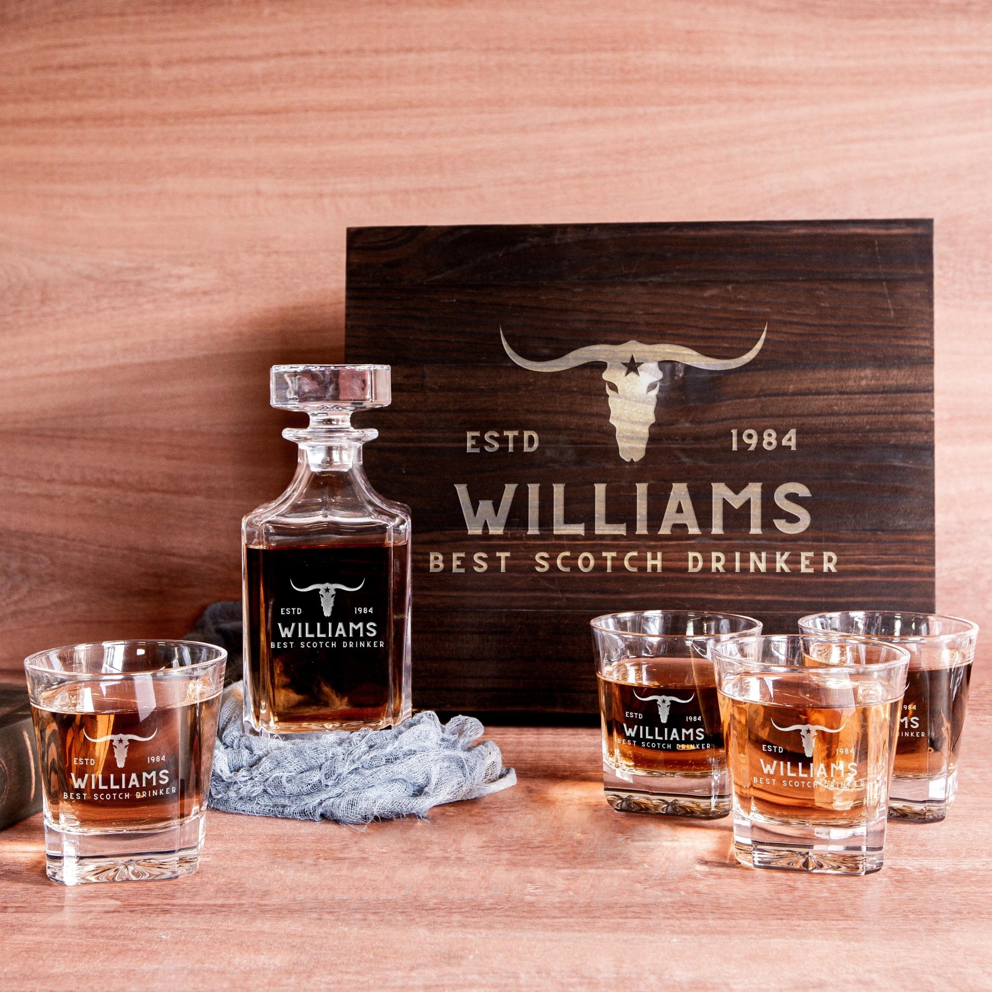 Engraved Wooden Boxed Whiskey Decanter Set & 4  Scotch Glasses, Personalised Custom Vintage Whisky Barware Birthday Gift Dad/ Him, Groomsmen