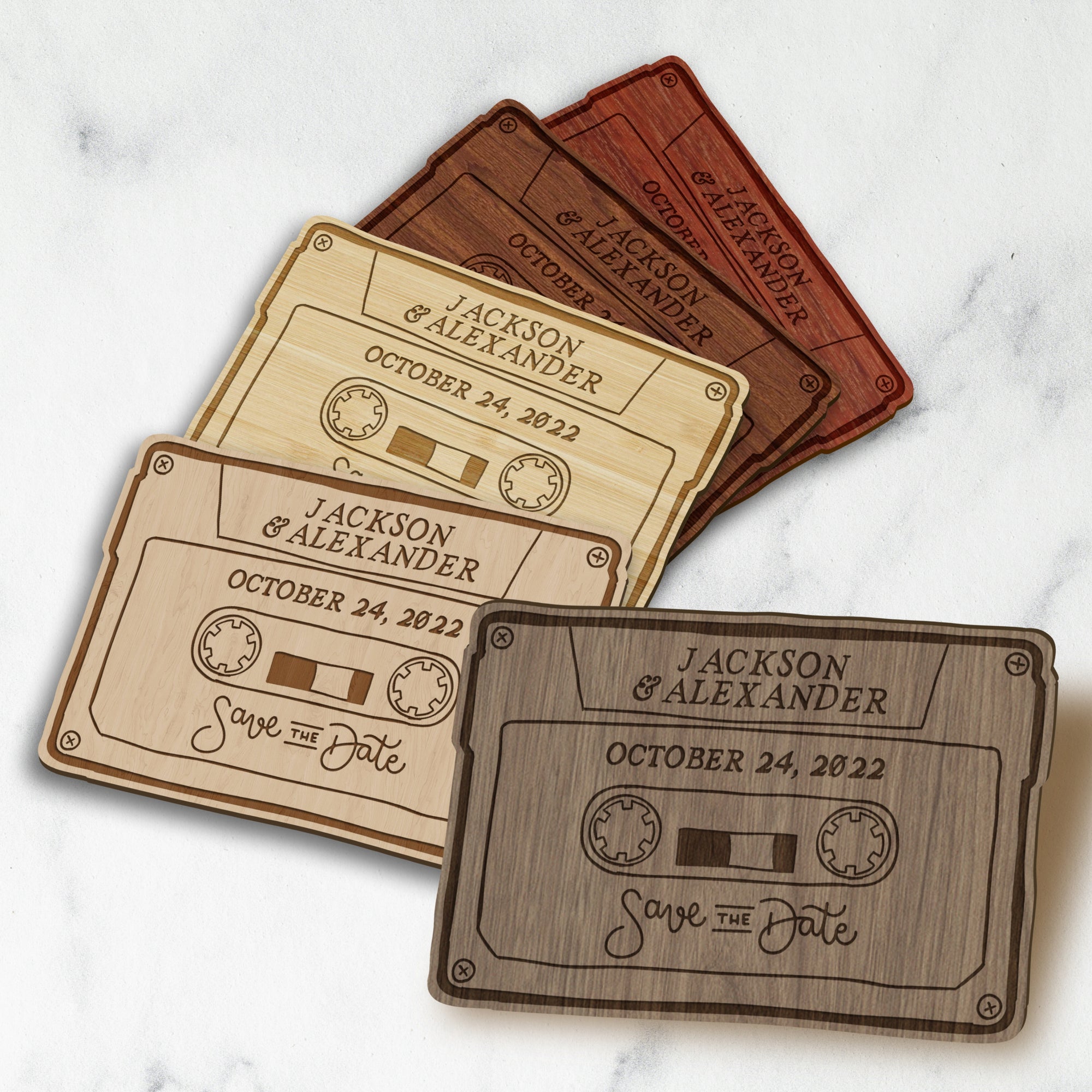 Engraved Wooden/ Acrylic Save The Date Cassette Fridge Magnets, Personalised Rustic Wedding Invitation Post Card, Remember Date Announcement Guest Gift Tags