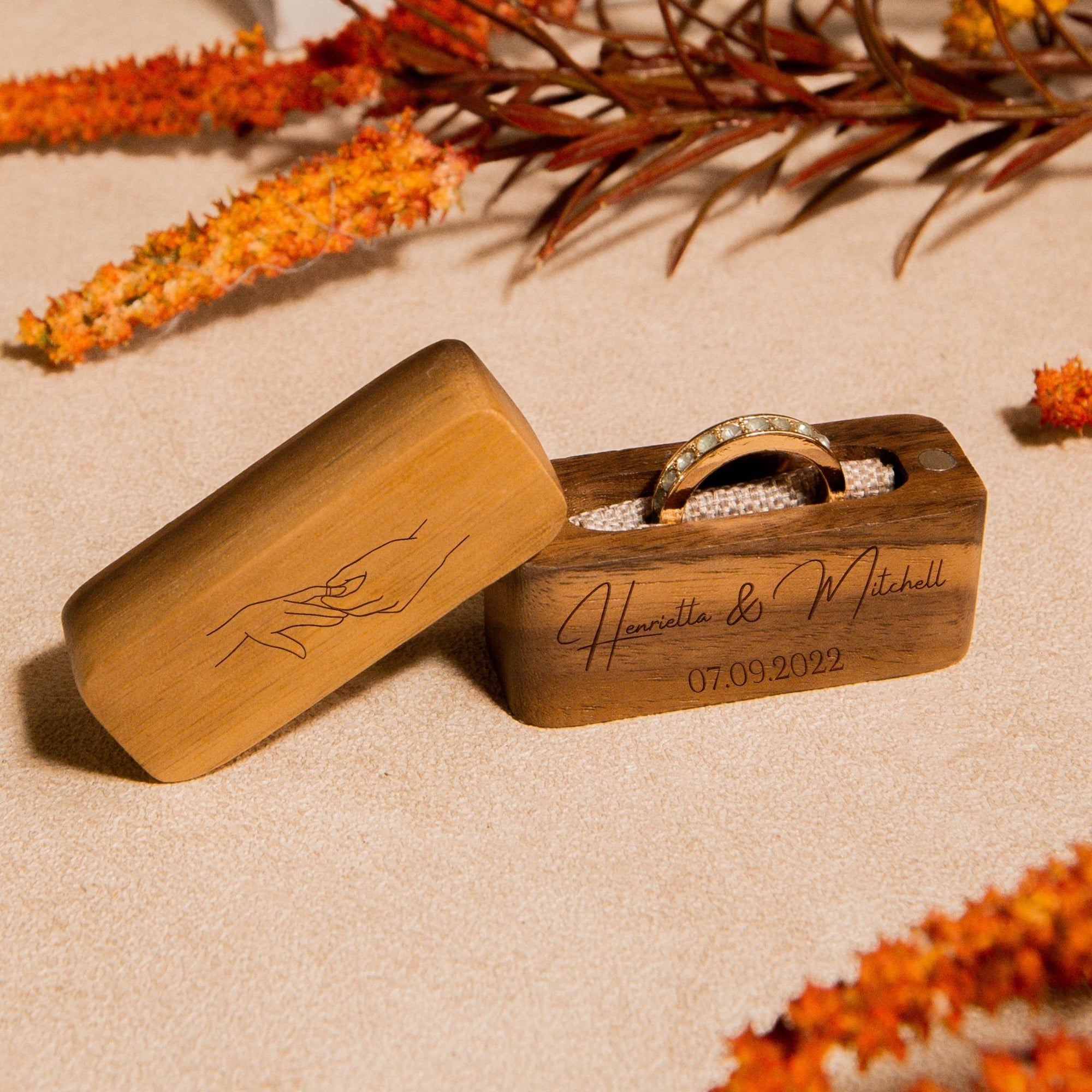 Personalised Wooden Engagement Proposal Ring Bearer Box, Custom Engraved Wedding Single Slot Solid Walnut Rectangle Ring Holder Storage, Anniversary Gift