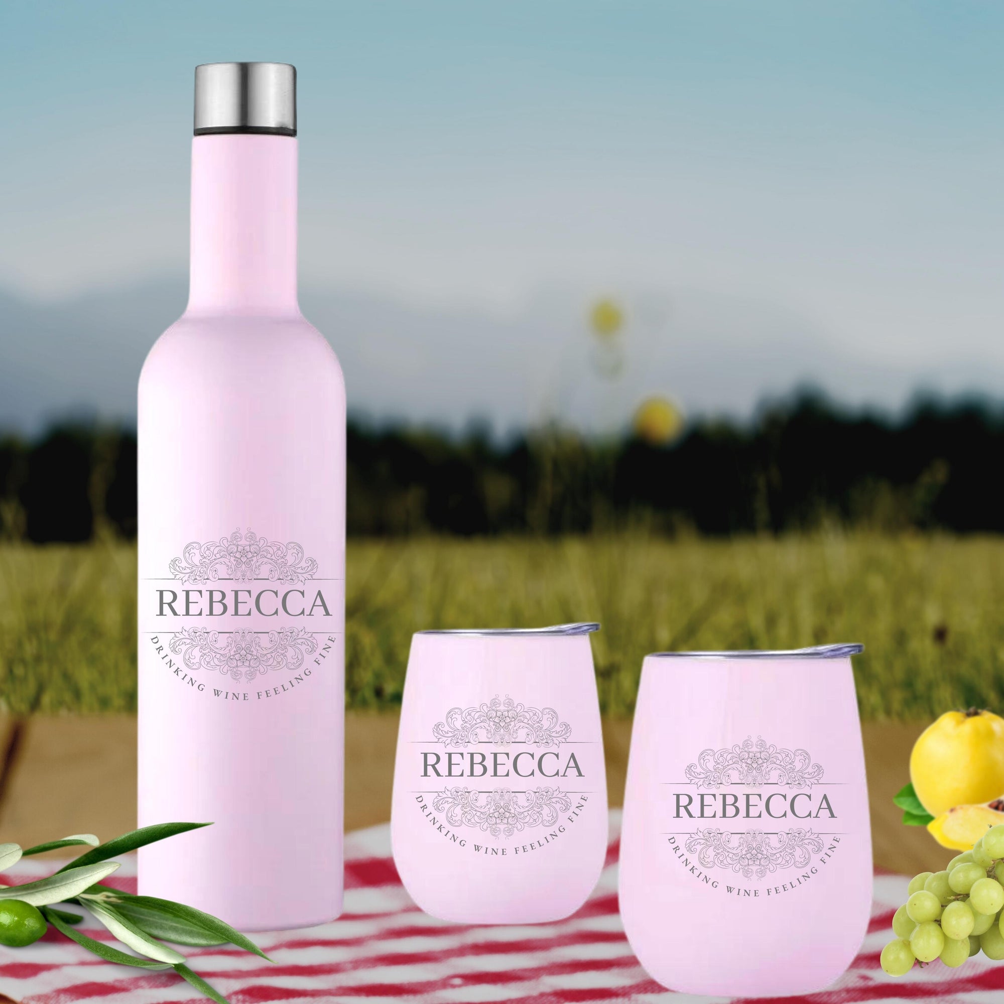 Personalised Engraved Stainless Steel Double Wall Insulated Travellers Set of 3, Thermal Wine Bottle & 2 Tumblers Custom Logo Corporate Gift