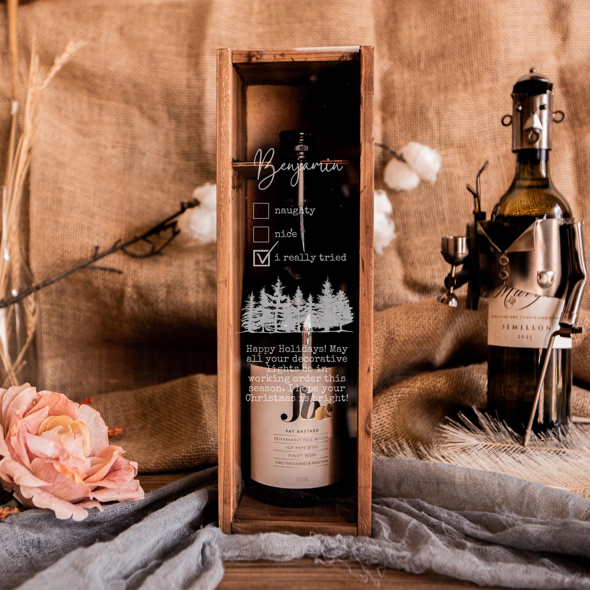 Christmas Personalised Clear Acrylic Lid Rustic Vintage Wooden Wine Box, Engraved Custom Xmas New Year Housewarming, Teacher, Corporate Gift